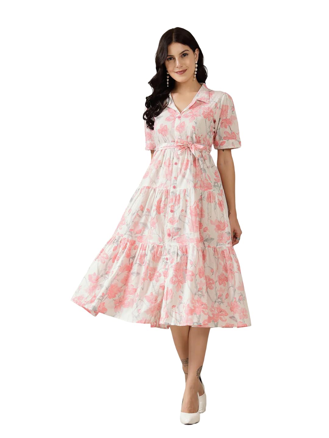 Women’s Pink & White Floral Printed Fit and Flare Midi Dress|Shirt Collar & Short Sleeves|Tiered Hem Design|Soft and Breathable Fabric-image-10