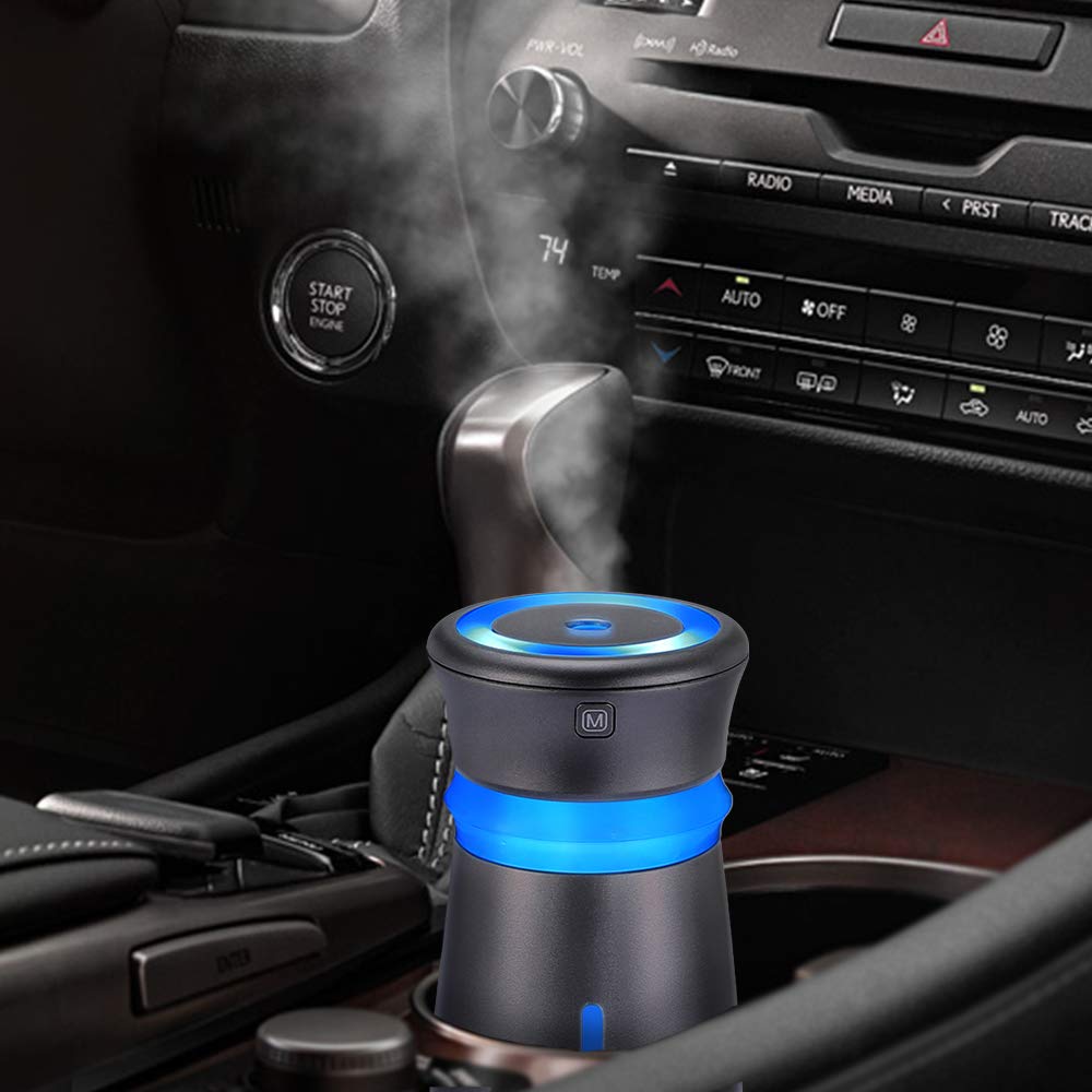 GENUIE USB Car Humidifier Diffuser, 300ML Cool Mist Potable Humidifiers Ultrasonic Home Air Refresher Purifier with 7 Colors LED Night Light, Quiet Operation for Travel Home Baby Office Car (Grey)