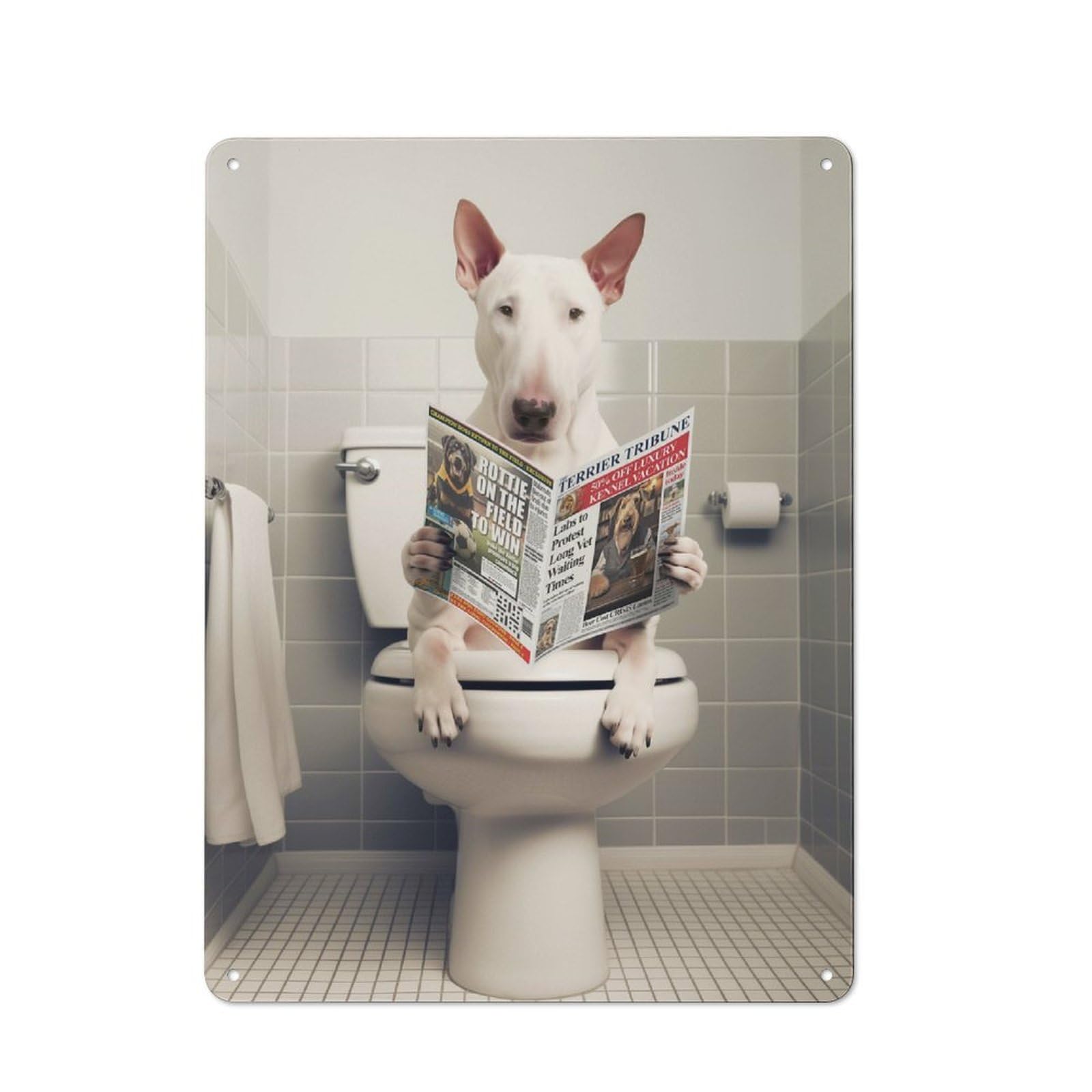 Junmoney Bull Terrier On The Toilet Tin Sign 40X30cm With For Hallway Wall, Vintage Decor, For Home Interiors, Feature Walls And Decorative Displays
