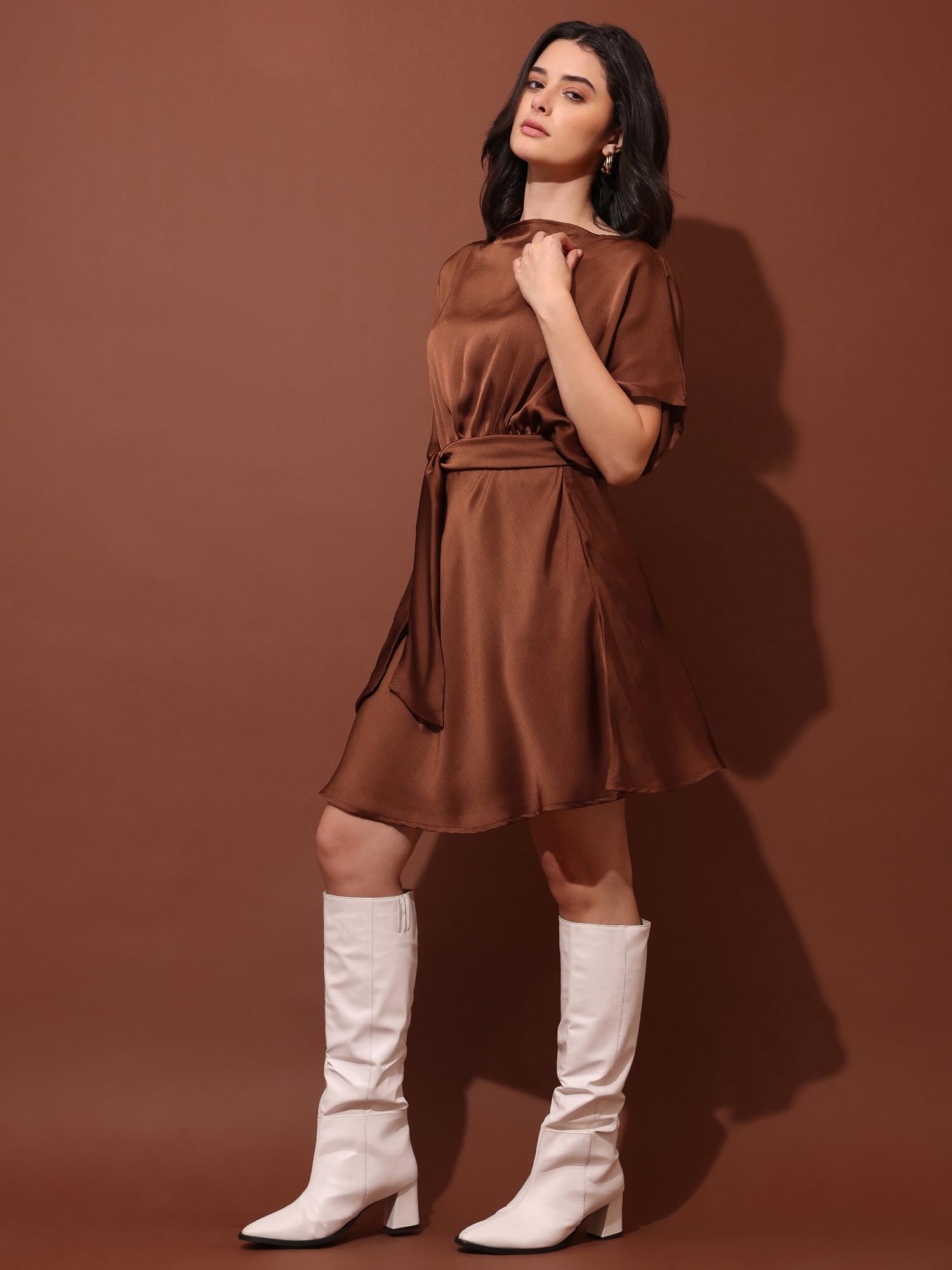 Purvaja Womens Cowl Neck Silk Blend Mini Dress (Floe-126-Xxl_Brown)
