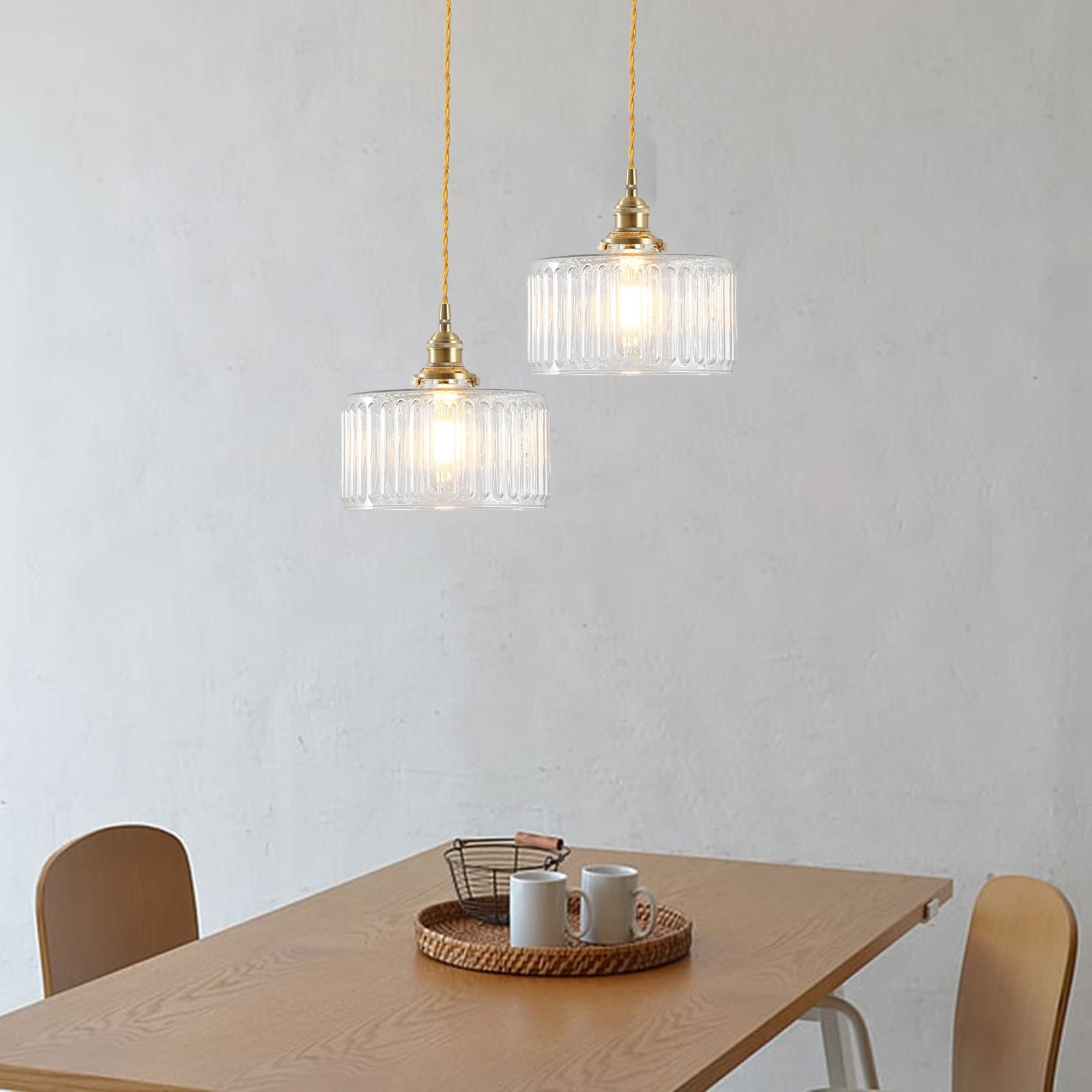Luminaire Suspension Industriel Vintage en Verre Clair, Douille E27 en Laiton avec Interrupteur, Lampe Suspendu Réglable en Hauteur, Lustre pour Cuisine, Chambre, Salle à Mange
