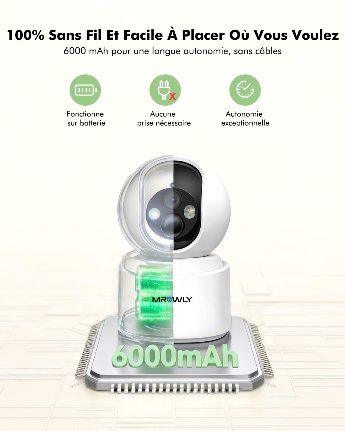 2.5K(4MP) Camera Surveillance WiFi Interieur sans Fil, 360° Caméra Interieur Batterie 6000mAh, 2.4G/5GHz, Vision Nocturne, Détecteur PIR, Audio Bidirectionnel pour Maison, Bébé et Animaux
