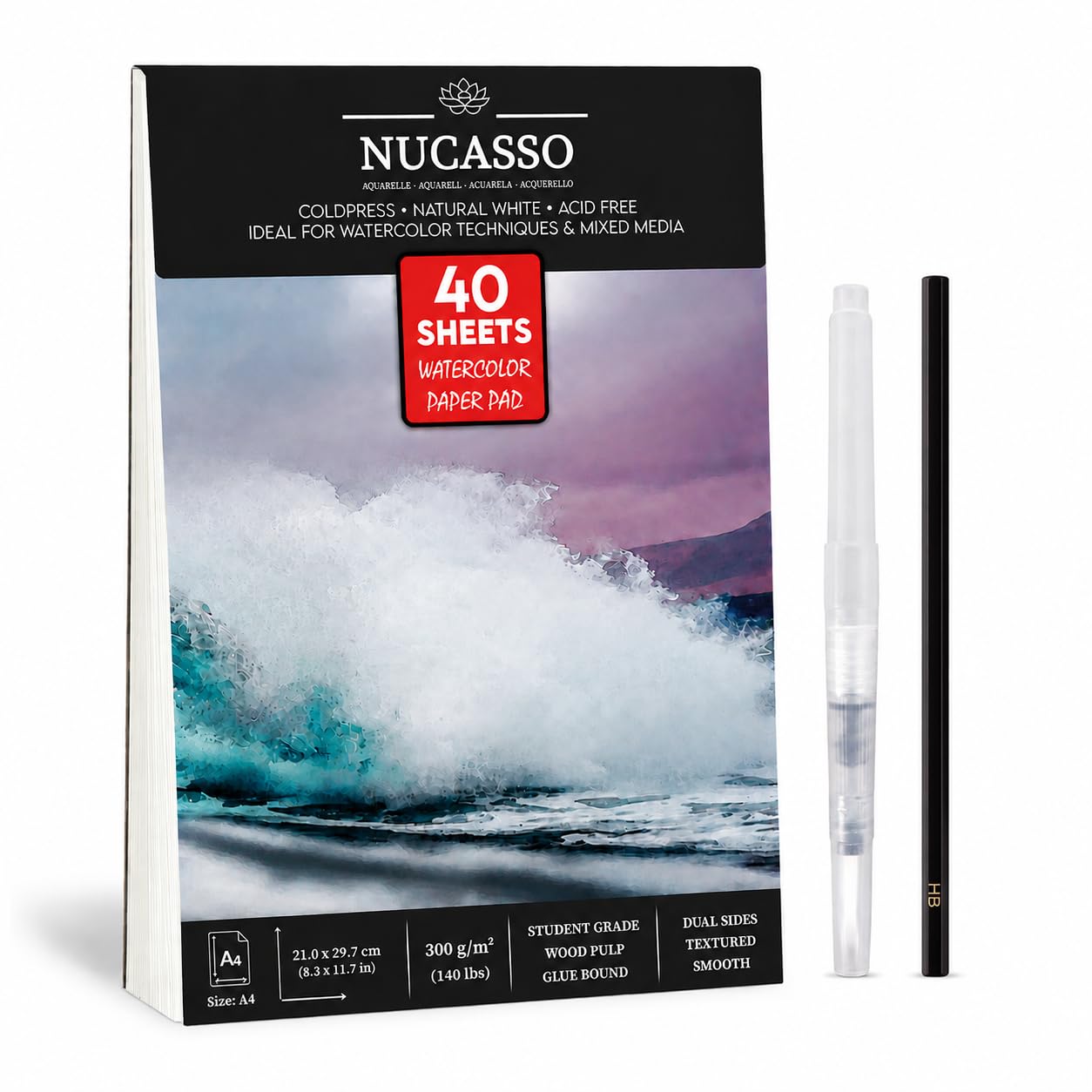 NUCASSO Aquarellpapierblock A4 x 30 Blatt – Naturweiß 300 g/m² Studentenqualität, kaltgepresst, klebegebunden, Aquarell-Skizzenbuch für nassen, trockenen und gemischten Medien