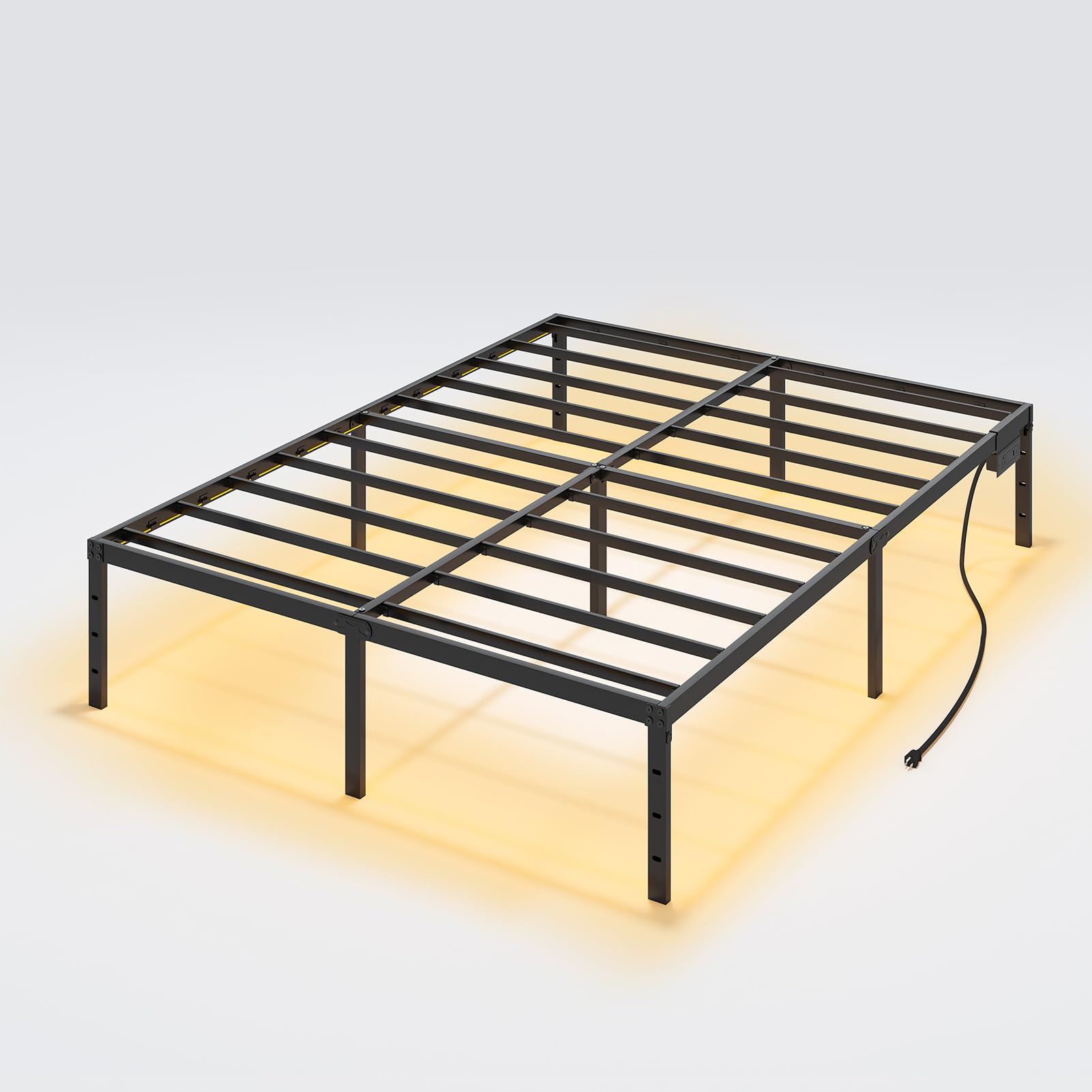 King Bed Frames with Charging Station and LED Lights, King Size Platform Bed with Metal Slats, No Box Spring Needed