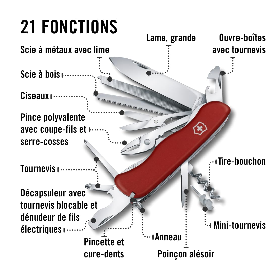 Victorinox Couteau Suisse Work Champ, 21 Fonctions, Outil Multifonction avec Lame Blocable, Pince, Scie à Métaux, Rouge