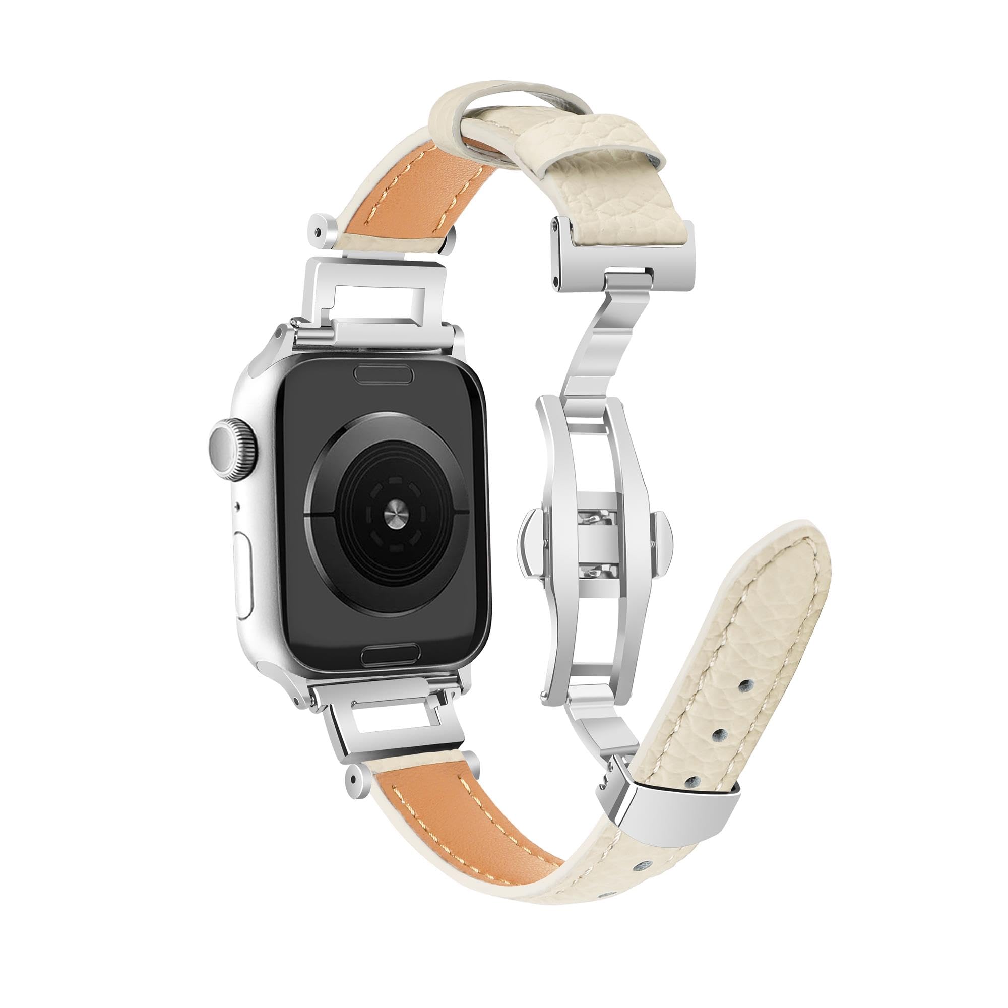 Bracelet en cuir de luxe compatible avec Apple Watch pour femme 44 mm, 45 mm, bracelet fin classique avec boucle papillon en métal pour iWatch Series 9 8 SE 7 6 5 4 3 2 1 blanc cassé