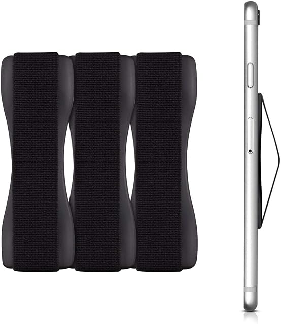 kwmobile Finger Holders For Smartphones - Set of 3 Self Adhesive Elasticated Finger Holder Straps for Phones - Black