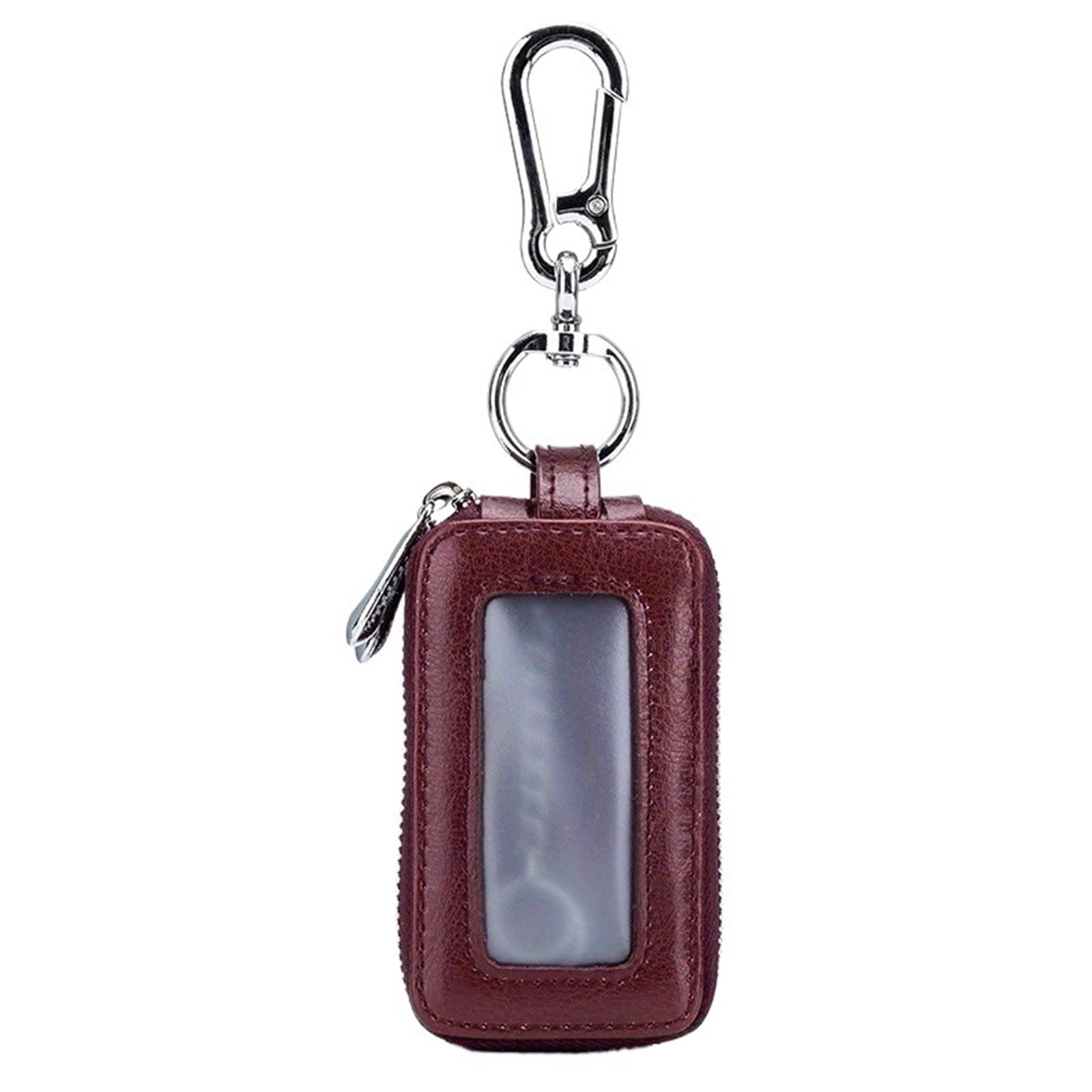 Car Key Chain Auto Split Leather 2 Zipper Case Holder Storage Bag For Man Women's Transparent Pocket(Red)
