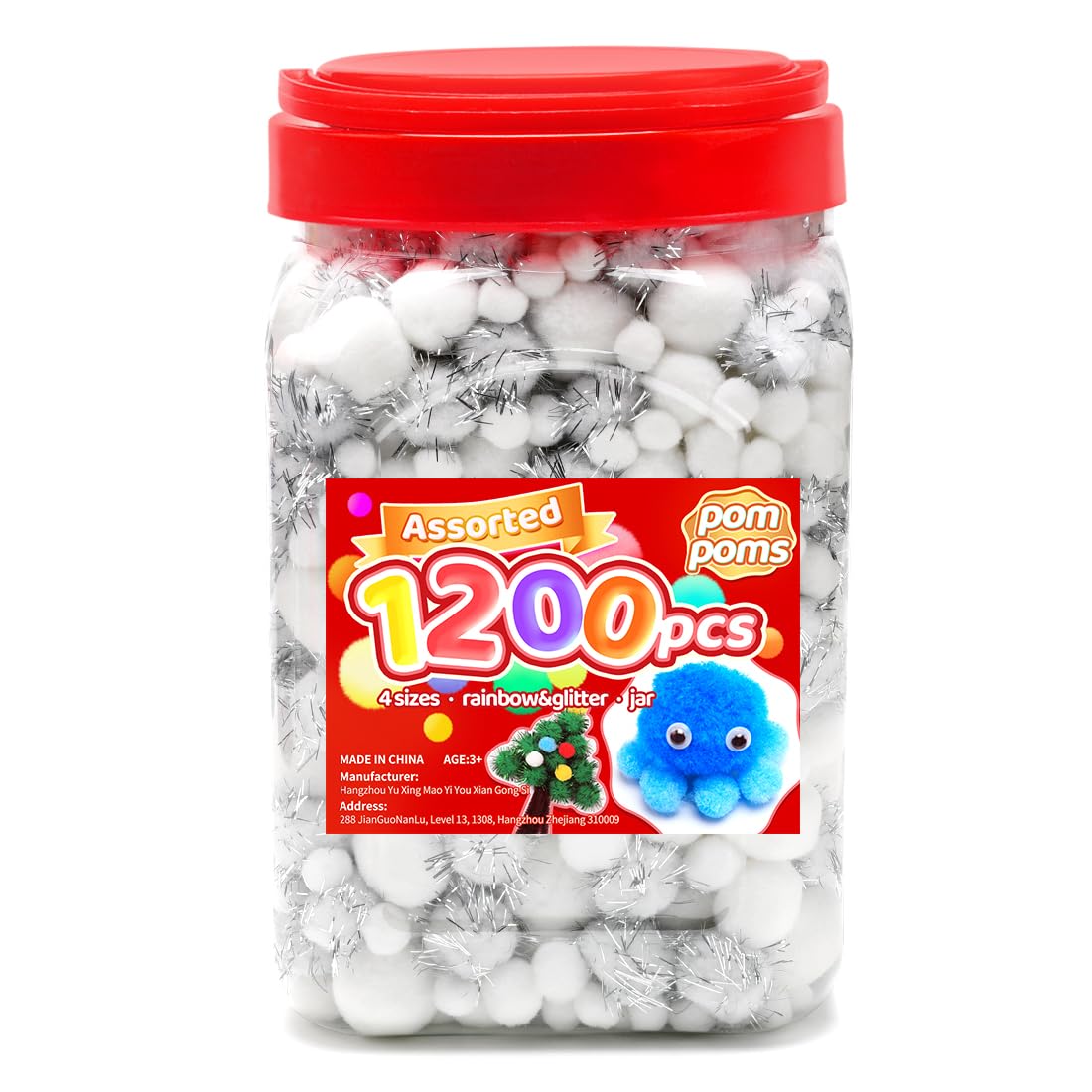 Iooleem White Assorted Size Pom Poms - 1200pcs - Glitter &amp; Wiggle Eyes - Arts &amp; Crafts Supplies