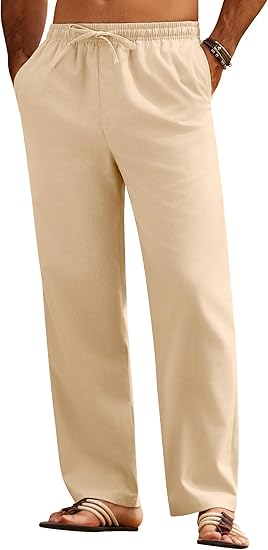 COOFANDY Linnen broek voor heren, zomer, casual broek, losse pasvorm, elastische taille, broek met trekkoord, lichte linnen broek met zakken, 1 Leger Groen, XL
