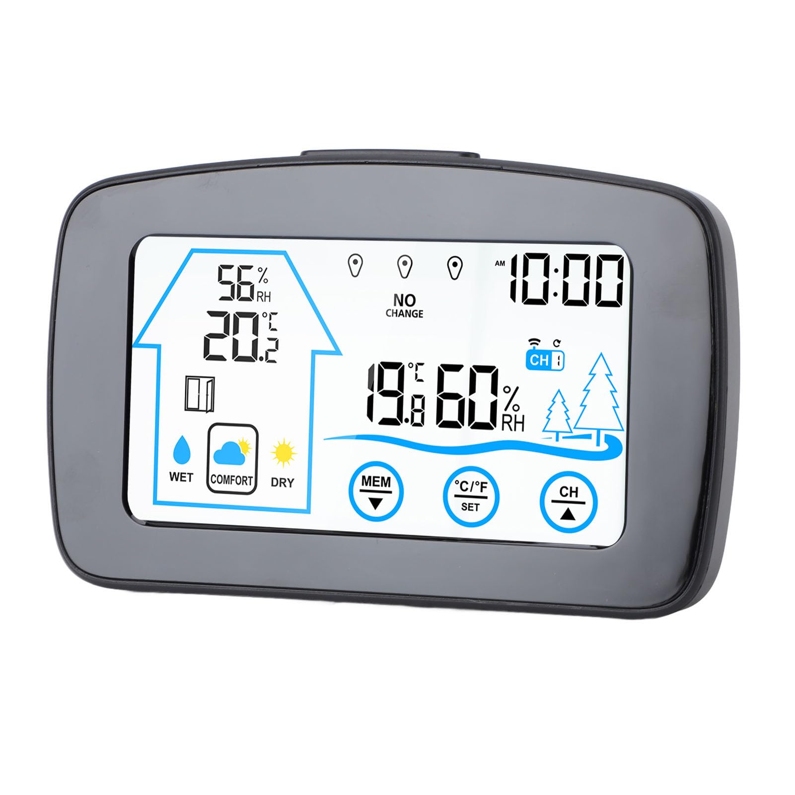 Hygrometer, Thermometer, Hintergrundbeleuchtung, Touchscreen-Taste, Wettervorhersage, Temperatur, Luftfeuchtigkeit, Messgerät für drinnen und draußen, Wohnzimmer, Schlafzim (Schwarz)