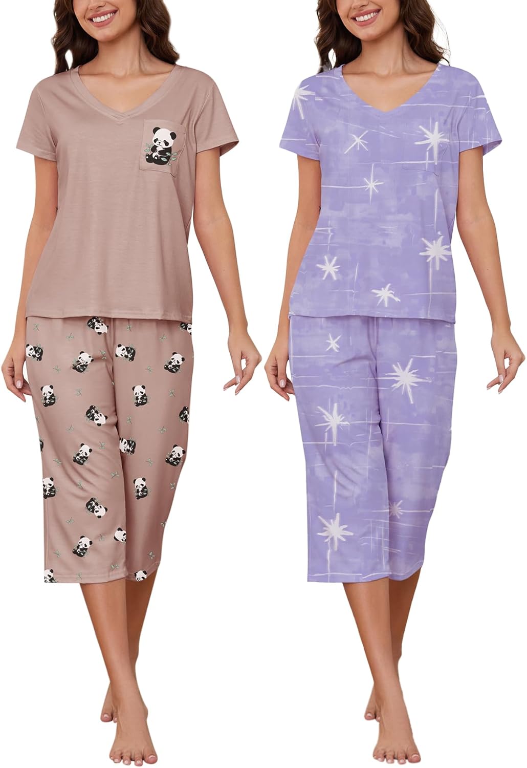HONG HUI 2 Pack Womens Pajamas Set Short Sleeve Sleepwear Tops and Capri Pants Pjs Summer Loungewear Pj Sets S-3XL