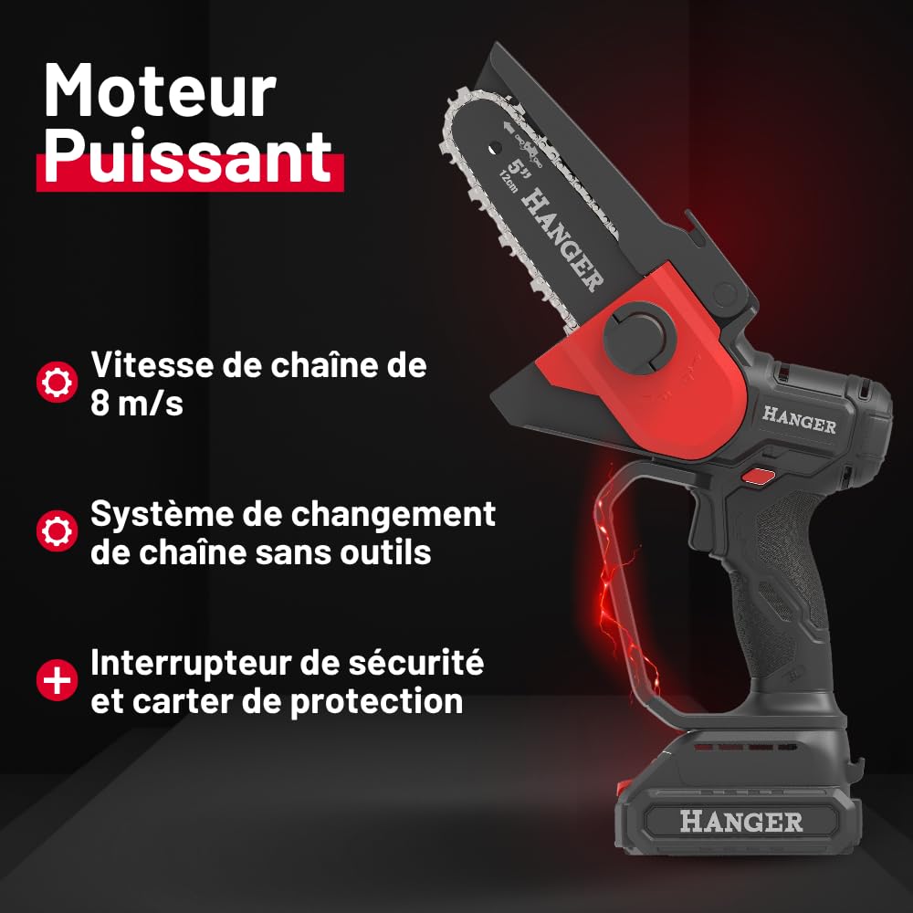 Scie d'élagage sans fil 18V avec batterie 2Ah et chargeur – Guide 12 cm – Scie élagueuse compacte, légère et puissante