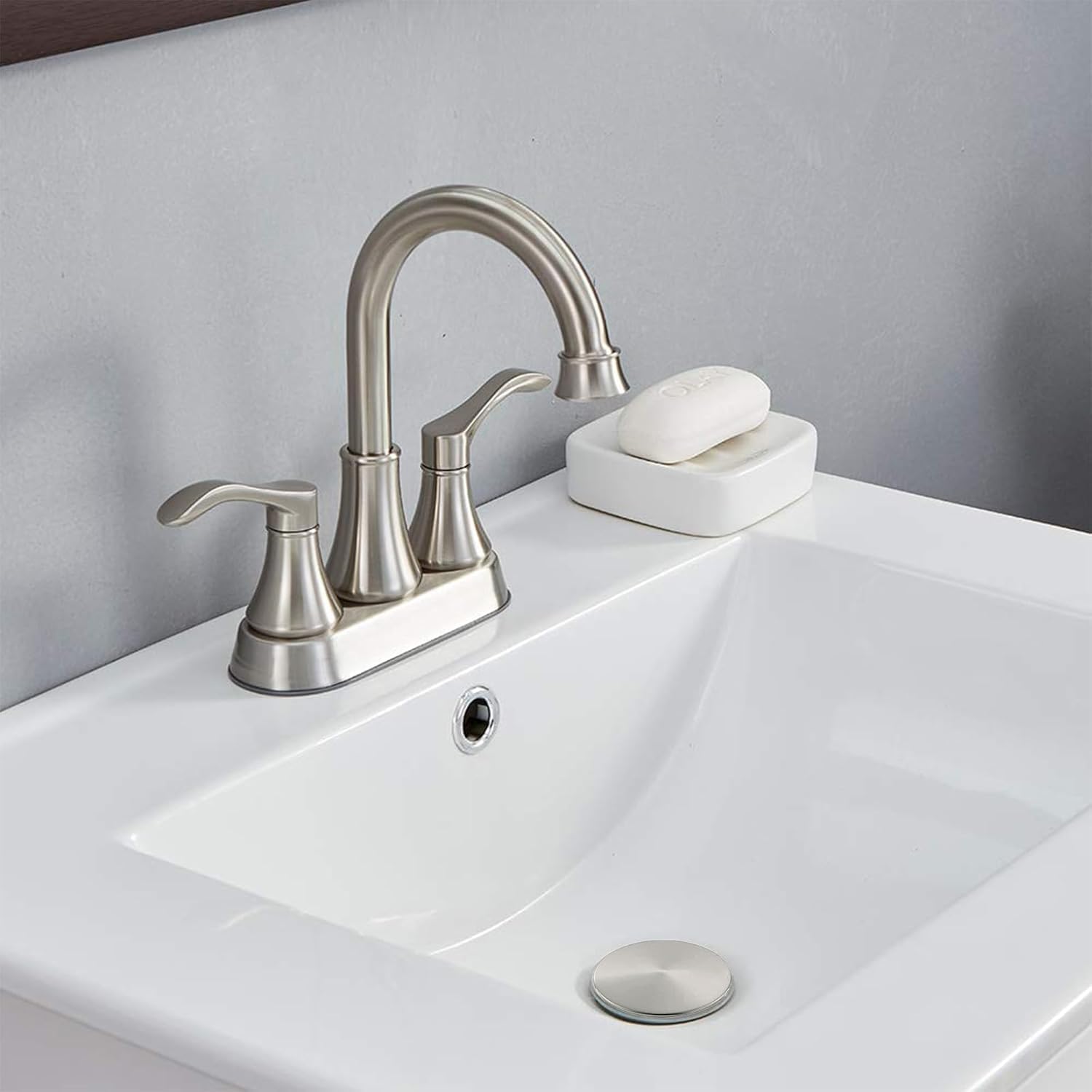 Brushed Nickel Bathroom Sink Faucets, 360° Swivel High-Arc Spout 2-Handle 4 Inch Centerset Lavatory Vanity Faucets Set for Bathroom Sink with Drain & Water Hoses, 2 Pack, VLSZST050L-2