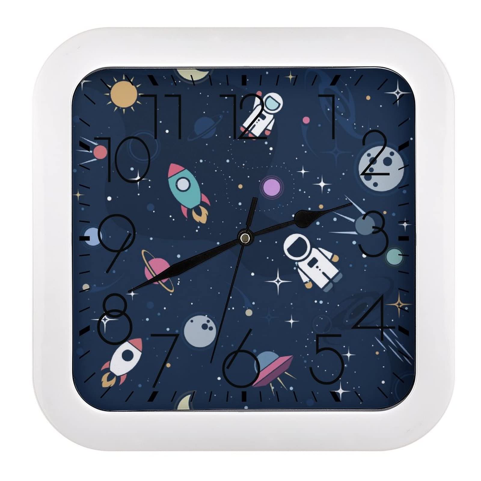 Horloge murale fusée de l'espace carrée avec grands chiffres salon chambre