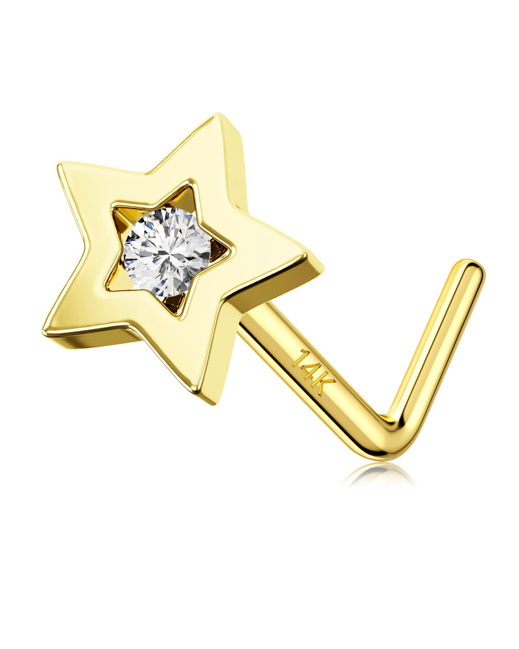 Melighting Nasenringe 14 Karat 585Echt Gold Nasenstecker Stud Nasenring L Form Nasen Screw 20G(0,8mm) Sterne Diamant Piercing Nasen Nostril Piercing Schmuck