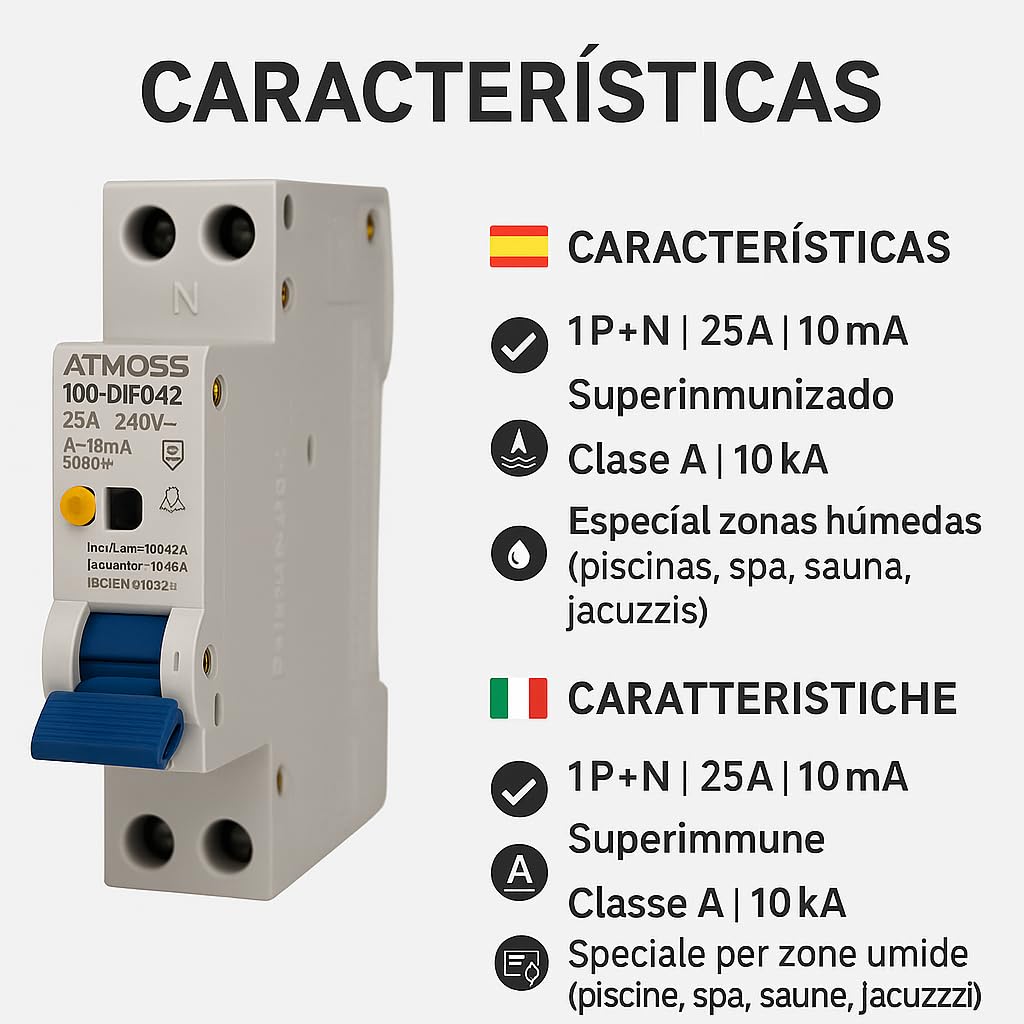 RASMACOR | Interruttore Differenziale 1P+N 25A 10mA | Classe A 10kA | Superimmune Alta Sensibilità 10mA | Speciale Zone Umide | Novità 1 Modulo