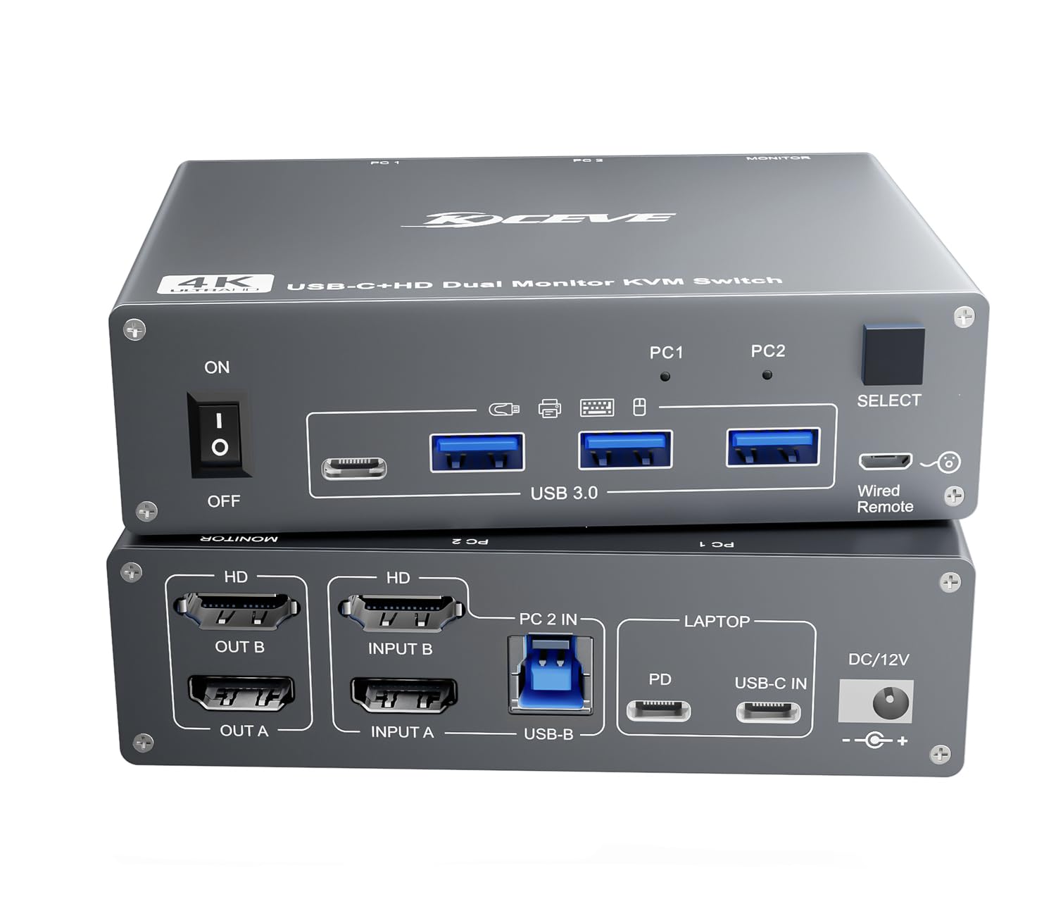 Przełącznik KVM 4K 60Hz USBC HDMI KVM 2 PC 2 monitory do 1 laptopa i 1 komputera stacjonarnego, podwójny monitor KVM przełącznik z 4 portami USB 3.0, ładowanie 73 W PD, z pilotem zdalnego sterowania