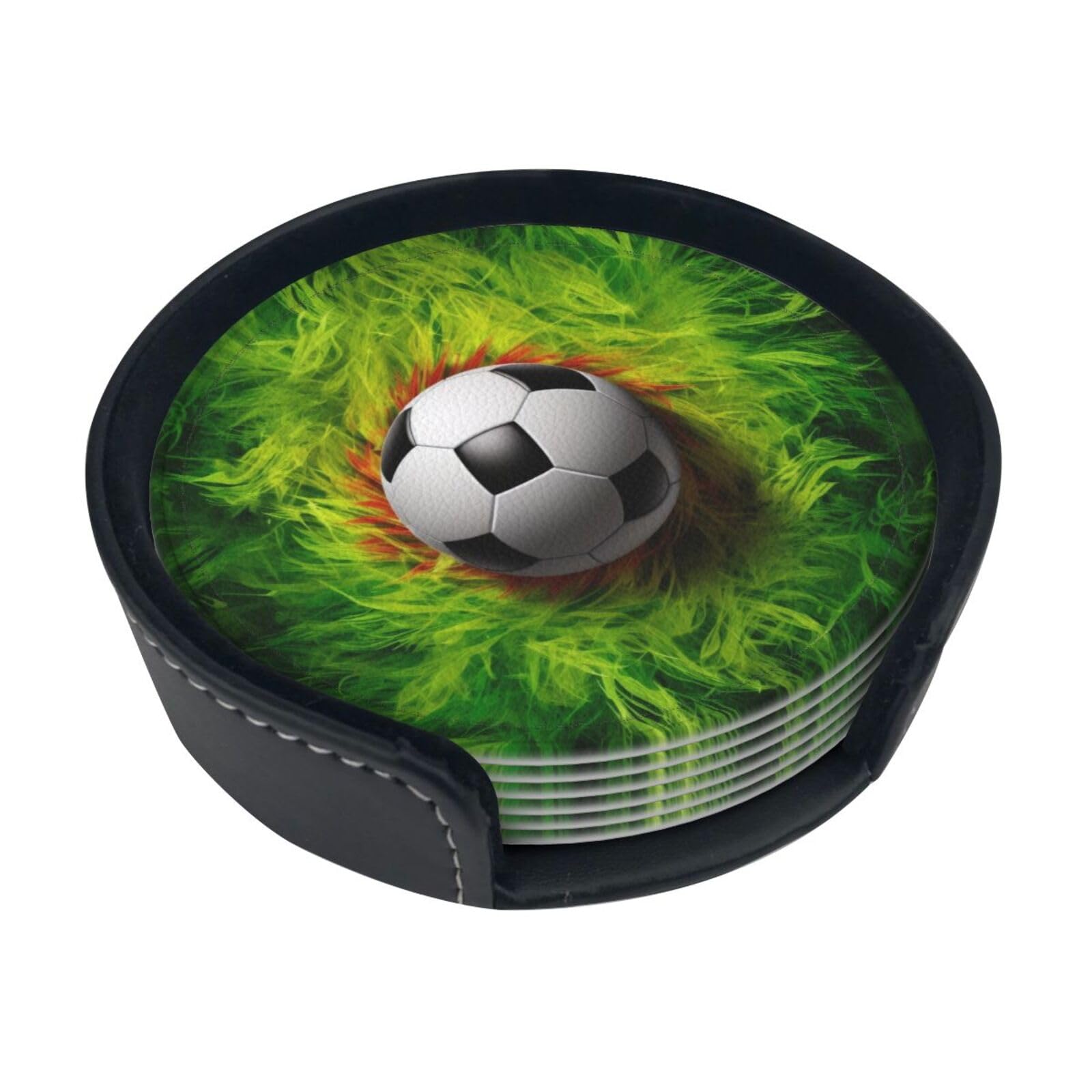 Ykclkshka White Football On Grass Round Leather Coasters (6 Pieces) - Drink Coaster Set For Desk, Modern Easy To Clean Home Office & Farmhouse Coasters