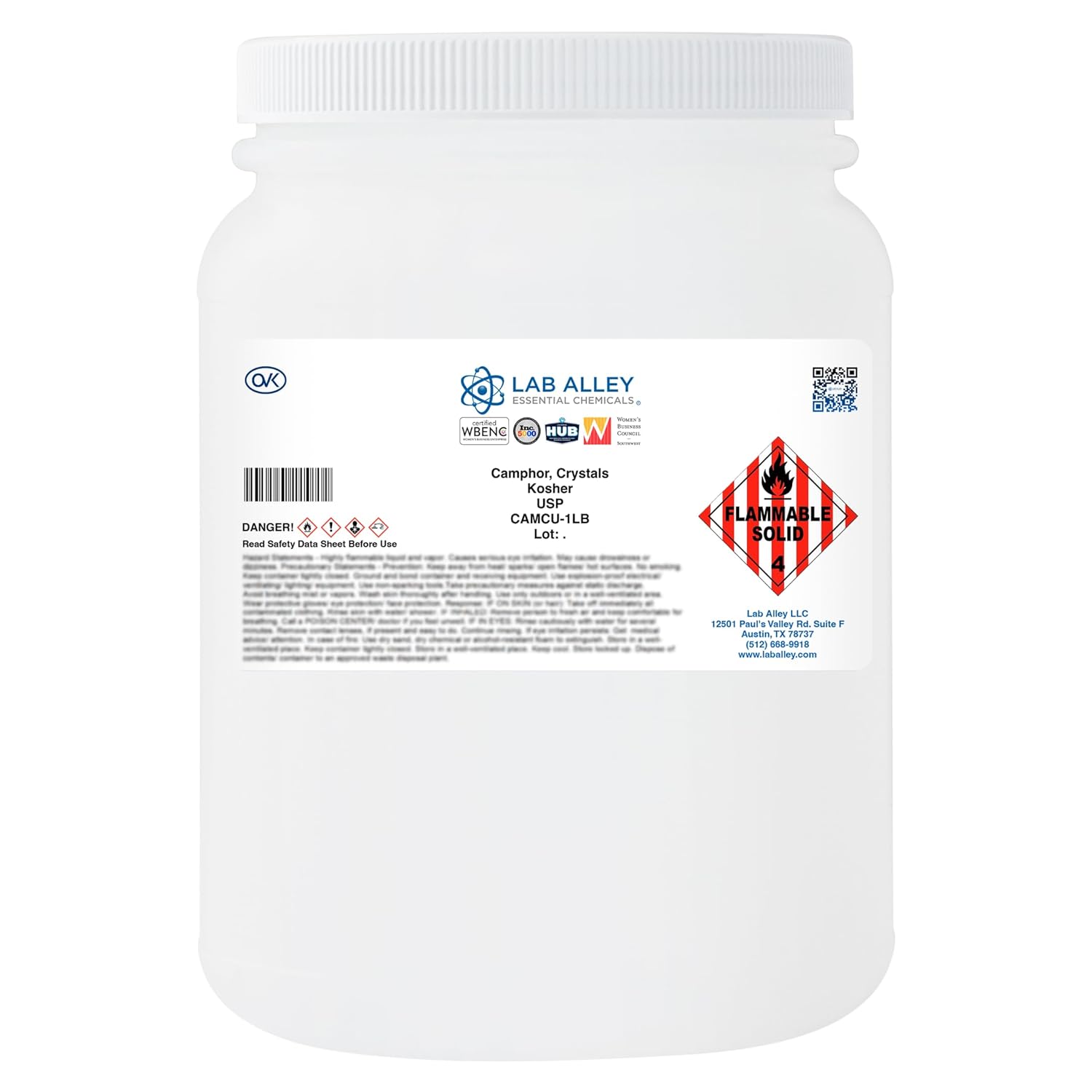 Lab Alley Camphor, Crystals, USP Grade, Kosher Certified - 1lb