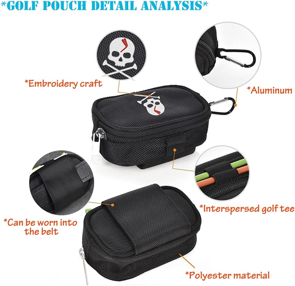 Skull Golf Ball Pouch Golf Tee Organizer Bag Golf Accessory Holder Waist Belt Polyester Key Storage Marker Component Pocket Zipper Hook Durable Sports Small Black Gift for Dad Men Women - Image 3