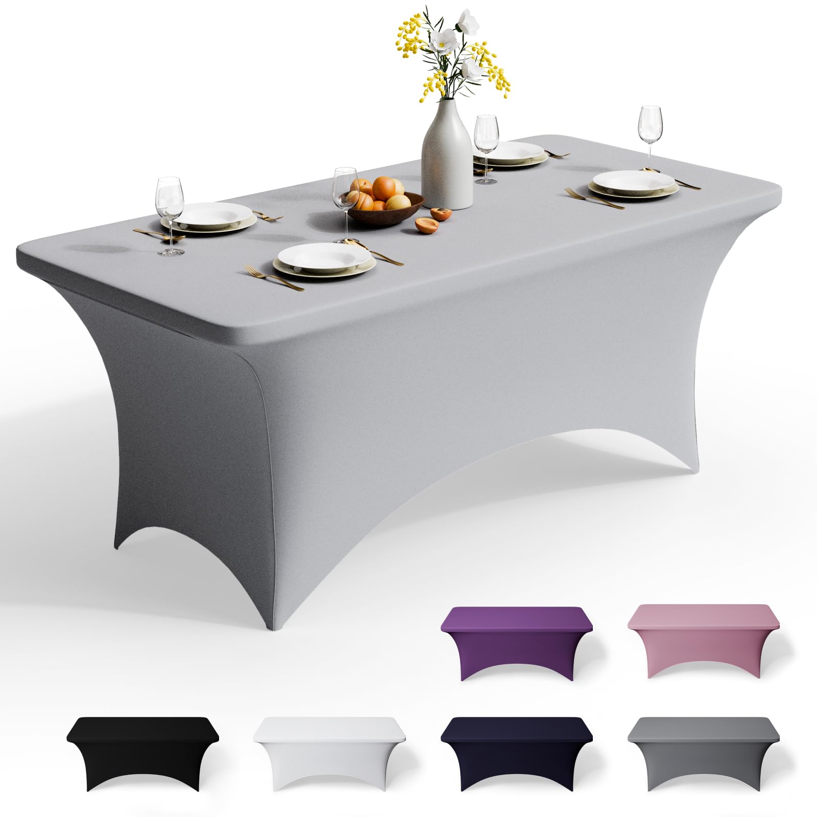 GFCC 8FT Spandex Table Covers - Grey Stretch Fitted Rectangular Tablecloth Washable & Wrinkle Resistant Spandex Tablecloths for Party, Wedding, Banquet, Events & Home