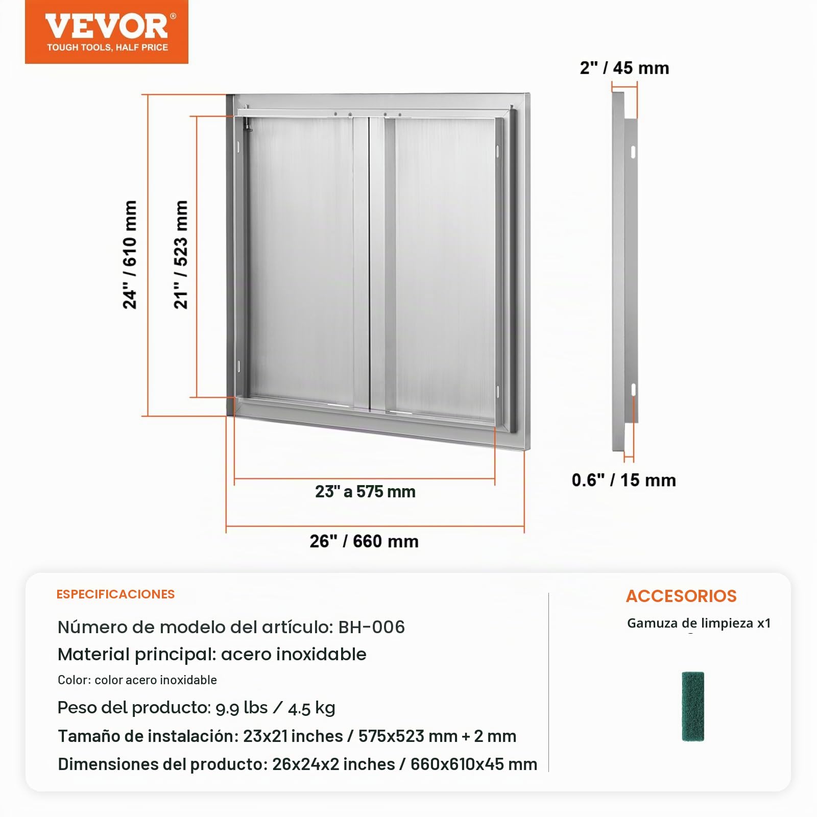 VEVOR Acceso a Barbacoa 660 x 610 x 45 mm, Cocina Exterior Doble Puerta Empotrada de Acero Inoxidable Con Manija para Isla de Barbacoa, Estación de Parrilla, Armario Exterior