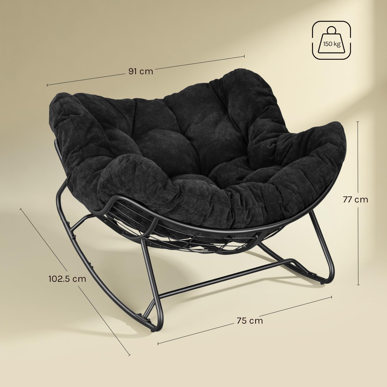 WOLTU Schaukelstuhl, eiförmiger Schaukelsessel Indoor | Chenille-Sitzkissen gepolstert, mit Metallrahmen, 150 kg belastbar, für Schlafzimmer Wohnzimmer, Schwarz
