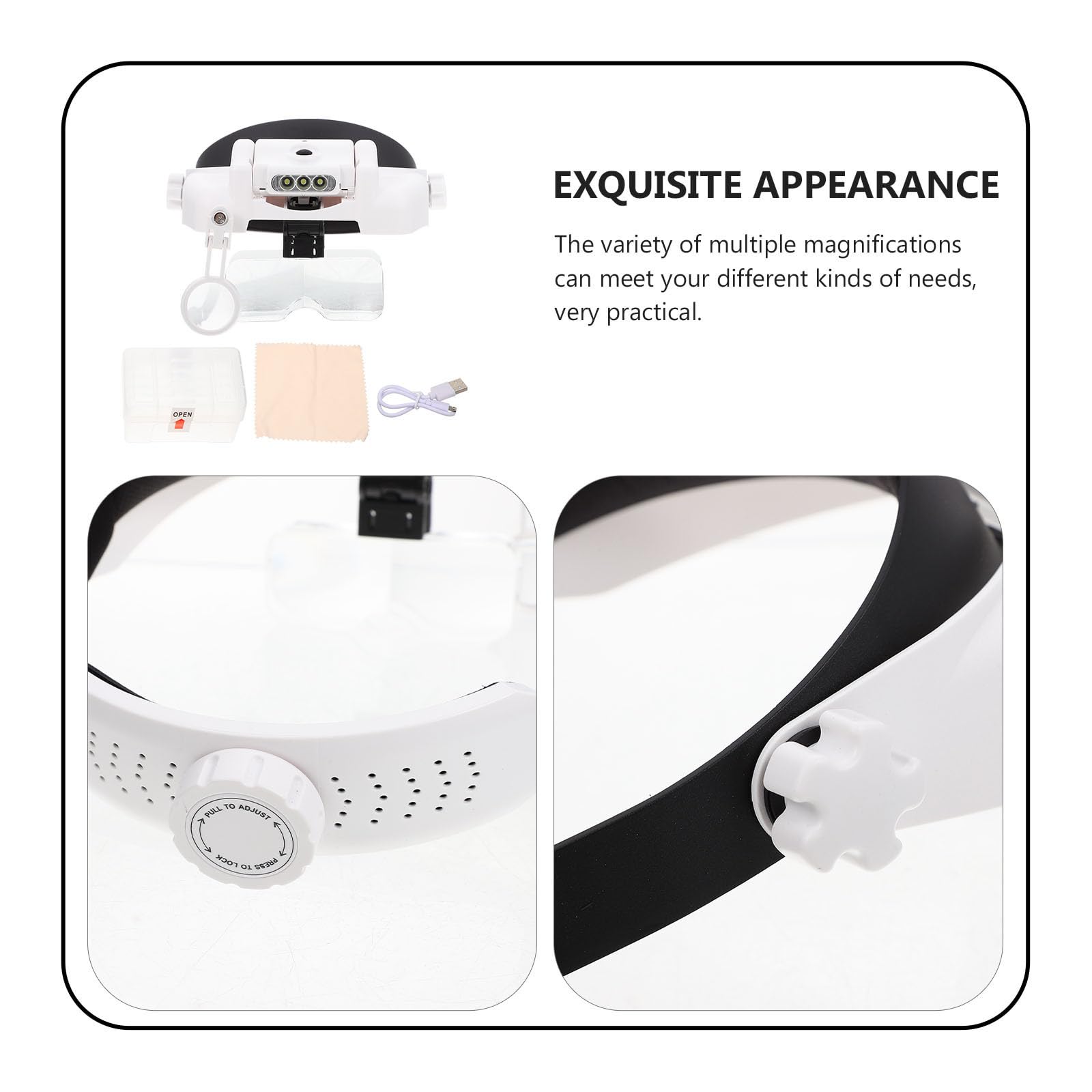 Cabilock Lupa Montada Cabeza Diseño Ergonómico con Luz LED Material Plástico y Vidrio, Aumento Múltiple para Identificación Precisa para Joyería y Extensión de Pestañas