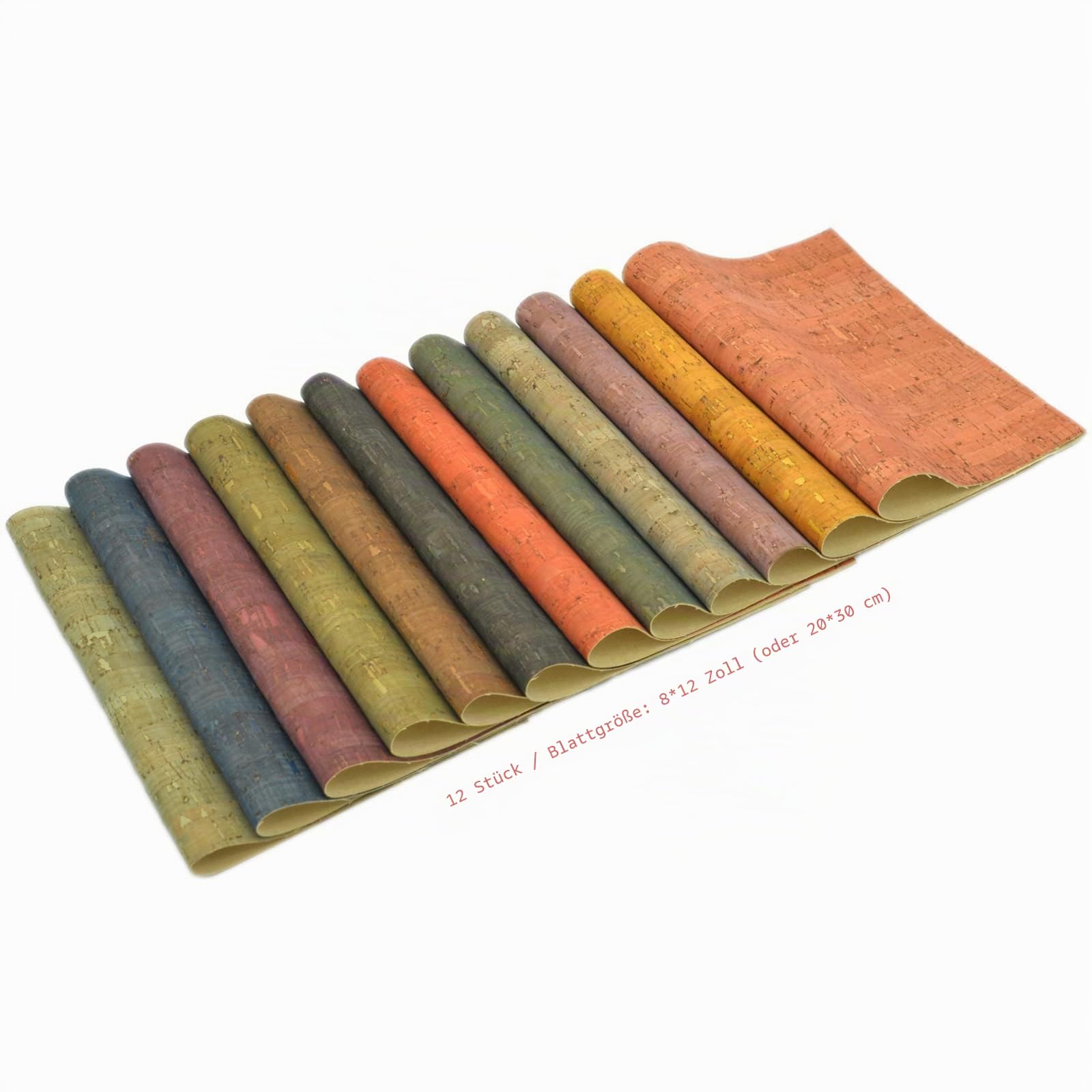 12 farbige Kork-Stoffbögen, Kork-Kunstleder, 20 x 30 cm, weicher Korkbandstoff zum Nähen von Taschen, Münzen, Geldbörsen, Notizbüchern und anderen Bastelarbeiten