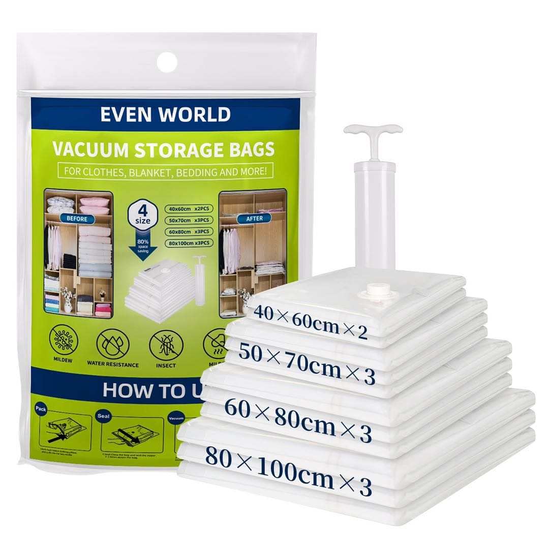 Even World 11 Pack Vacuum Storage Bags, Space Saver Bags of 2 Small,3 Medium,3 Large, 3 Jumbo, Reusable Vacuum Compression Bags for Packing Clothes, Blankets, Duvet, Pillows, Travel