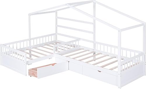 Miniatura 61 de MERITLINE Camas matrimoniales con nido para niños, marco de cama de madera para niñas y niños, cama matrimonial con techo, no necesita somier Azul +