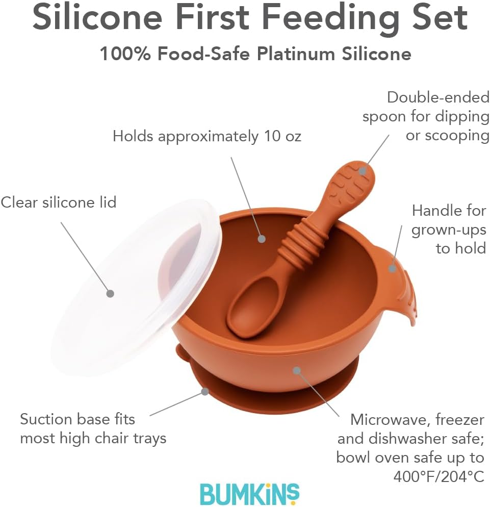 Bumkins Feeding Set with Suction, Includes Spoon and Lid, Training Essentials for Baby-Led Weaning, Toddler Self-Feeding, Babies Eating at 4 Mos Up, Clay