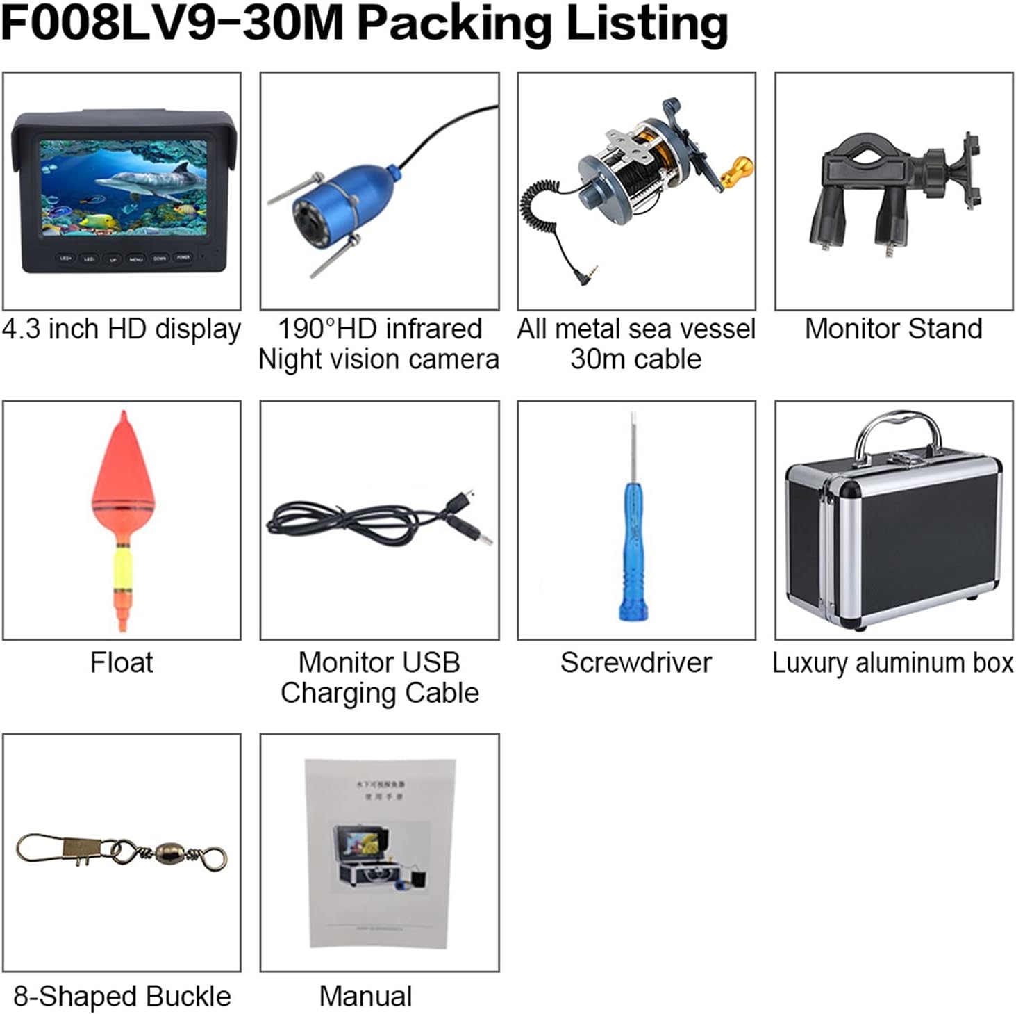 Fish Finders Depth Finders 30M 1200TVL Fish Finder Underwater Fishing Camera 4.3 Inch IPS Monitor 10PCS LED Night Vision 195 Degrees Metal Sea Wheel Camera for Boat Kayak Sea Fishing