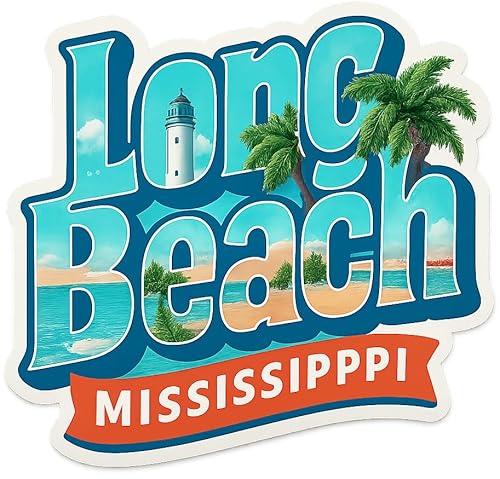 Long Beach Mississippi 3-Inch Kiss-Cut Vinyl Sticker - Gulf Coast Souvenir Travel Decal with Lighthouse Design
