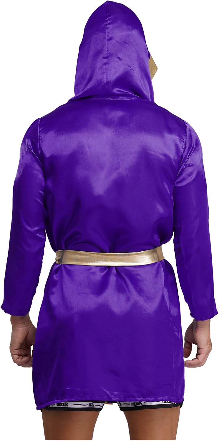 Adult Mens Satin Glossy Boxing Costumes Long Sleeves Comfy Role Play Hooded Boxing Robe