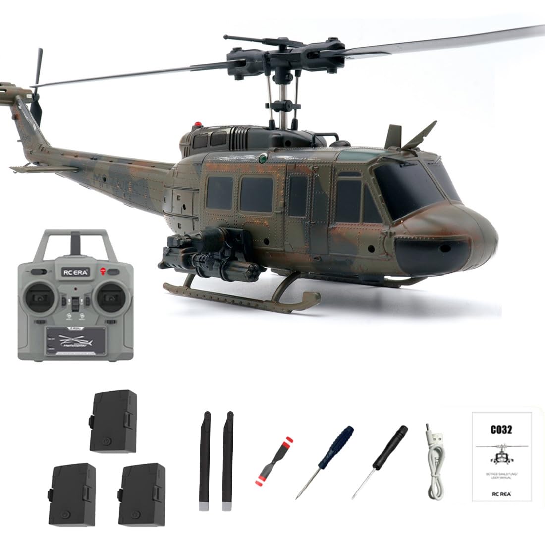 NULA RC-ERA C032 UH-1 Huey RC Elicottero per adulti, 2,4 GHz 6 assi giroscopio 6CH 1:48 Flybarless RTF Elicottero militare con determinazione della posizione ottica, volo acrobatico 3D