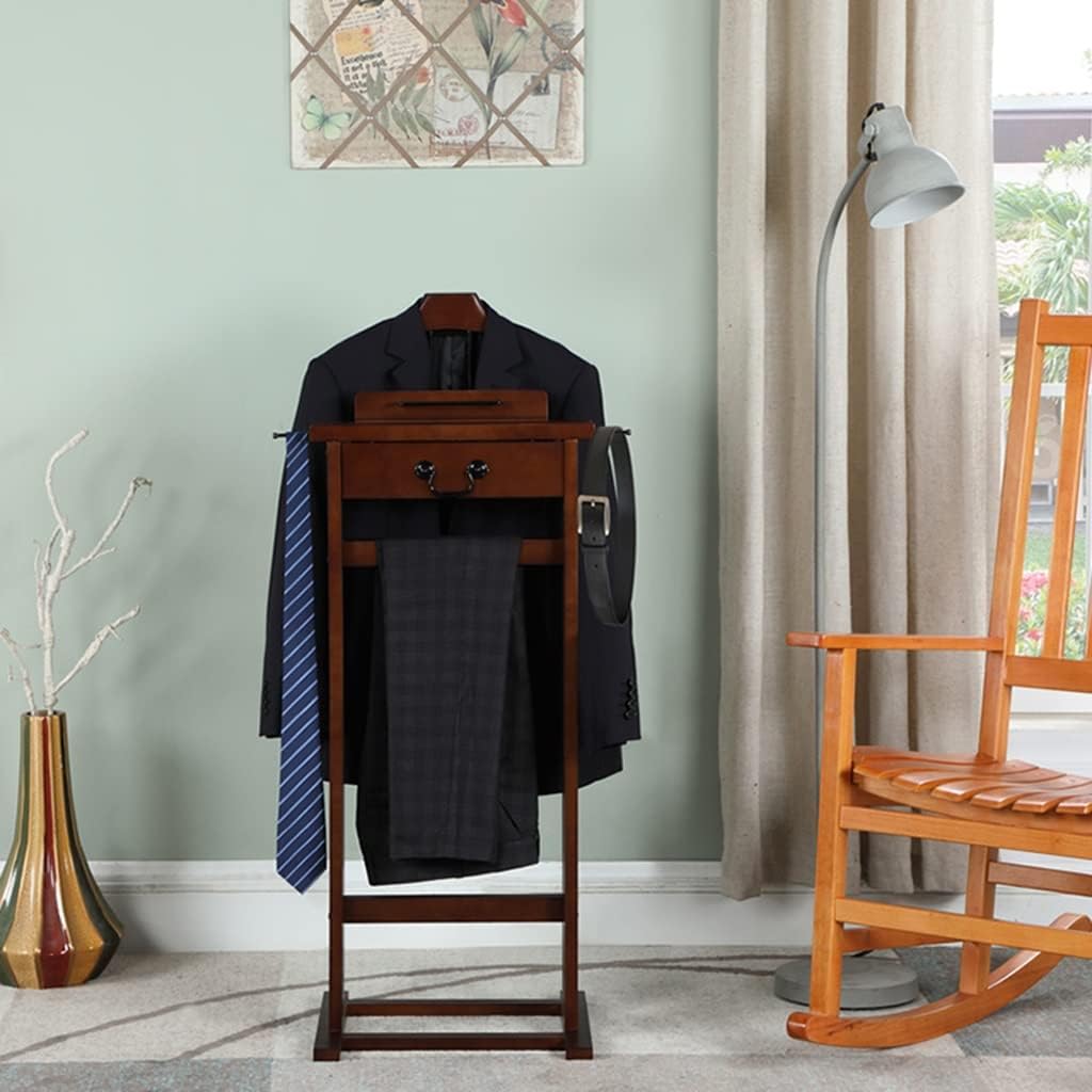 Deluxe Suit Valet Stand with Top Tray, Slide Out Tray, Contour Hanger, Trouser Bar, Tie & Belt Hooks and Shoe Rack, Brown-35.6 * 43.2 * 111.8cm
