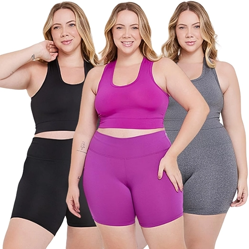 Kit 3 Conjuntos Plus Size Feminino, Academia, Short Cintura Alta e Top Nadador, Suplex
