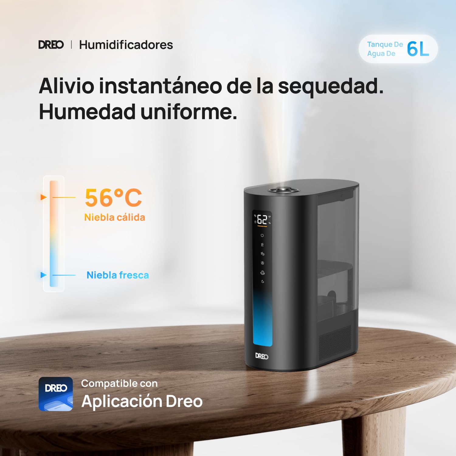DREO 6L humidificador dormitorio, inteligente para grandes espacios, vapor frío/caliente, para plantas y bebé, llenado superior, 60 horas, silencioso, temporizador, compatible con Google/Alexa, HM713S