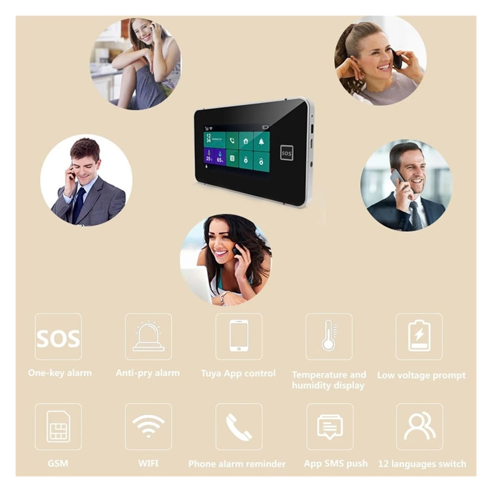 Inteligentny System Alarmowy Dla Domowego Hosta Alarmowego GSM Z Drzwiami I Czujnikiem Dymu Tuya Smart App Control Work Do domu i garażu(W8B2)