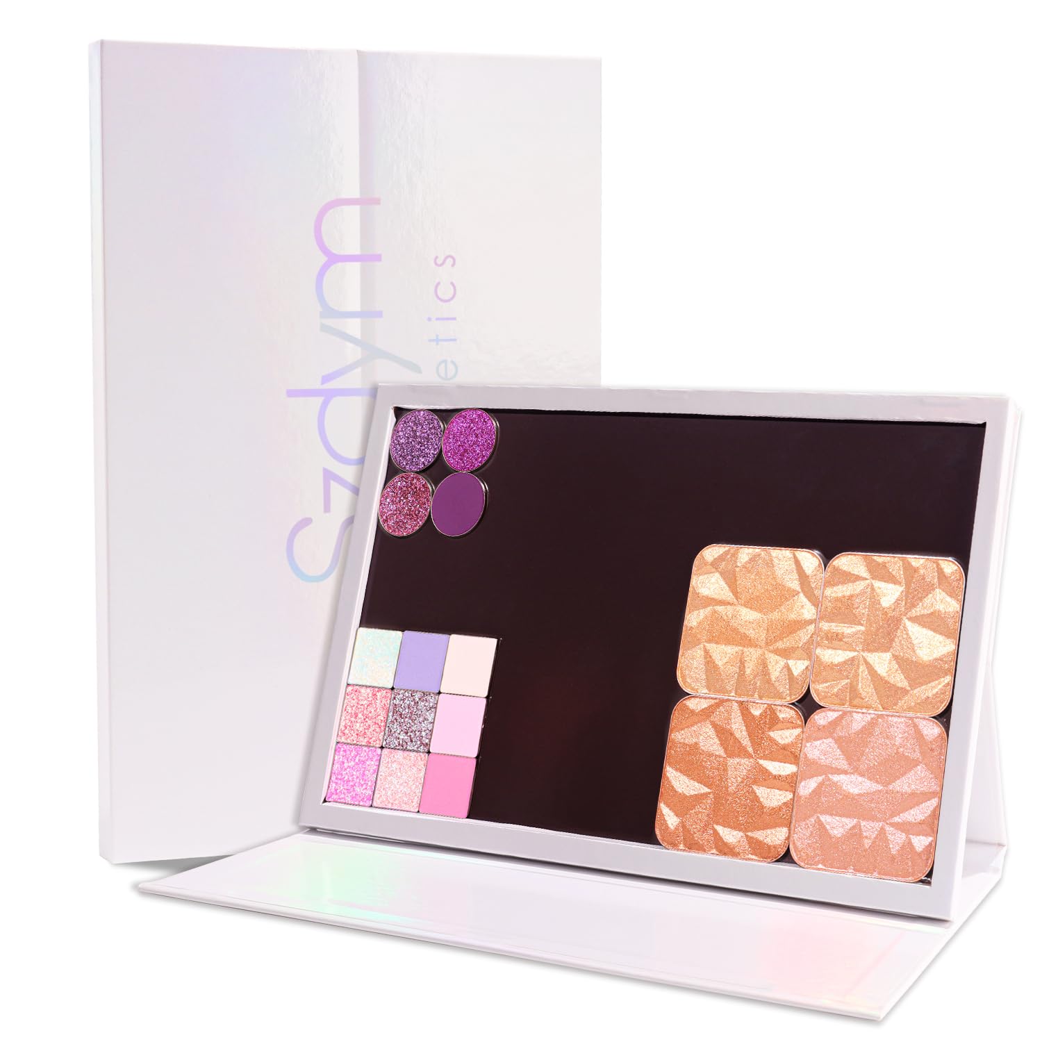 Large Empty Magnetic Palette, Portable Style Standable Case, White Holographic Cardboard Magnetic Palette, Holds 60pcs 26mm Round or Square Makeup Pans, Strong Magnet DIY Organizer