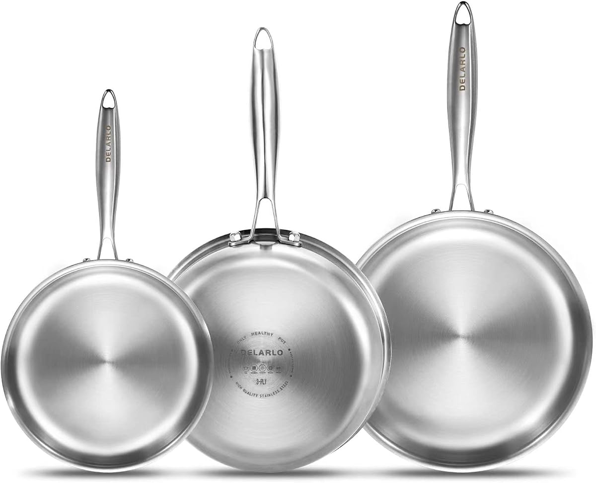 DELARLO Juego de sartenes de acero inoxidable de tres capas, sartén de cocina de 8”/10”/12” | Sartén de acero inoxidable para cocinar Calor rápido y uniforme Compatible con todas las estufas Apto para lavavajillas y horno