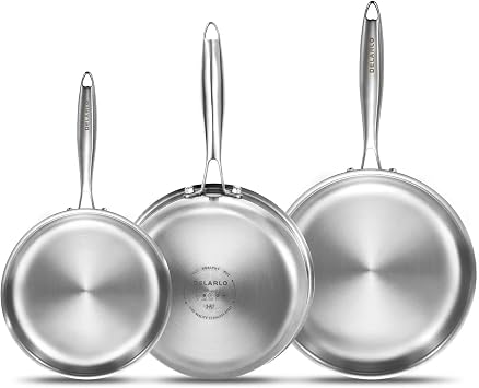 DELARLO Tri-Ply Stainless Steel Frying Pan Set 8/10/12kitchen skillet | Stainless Steel Pan Cooking Heat fast and evenly Compatible with All Cooktops Dishwasher and Oven Safe