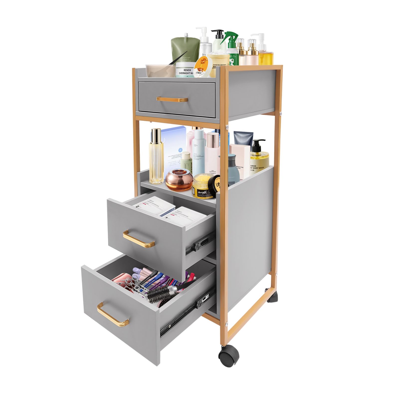 Salon Trolley Cart with Wheels, Spa Storage Systems with 3 Drawers and Hair Dryer Holder Hairstylist Station Rolling Tattoo Cart Makeup Organizer Beauty Equipment (Golden Gray)