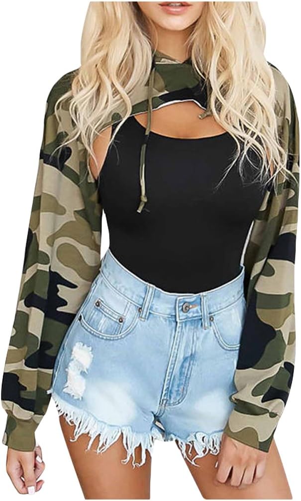 Solid Printed Hoodie Women Crop Top Cut Off Front Sweatshirts Fashion Street Pullover