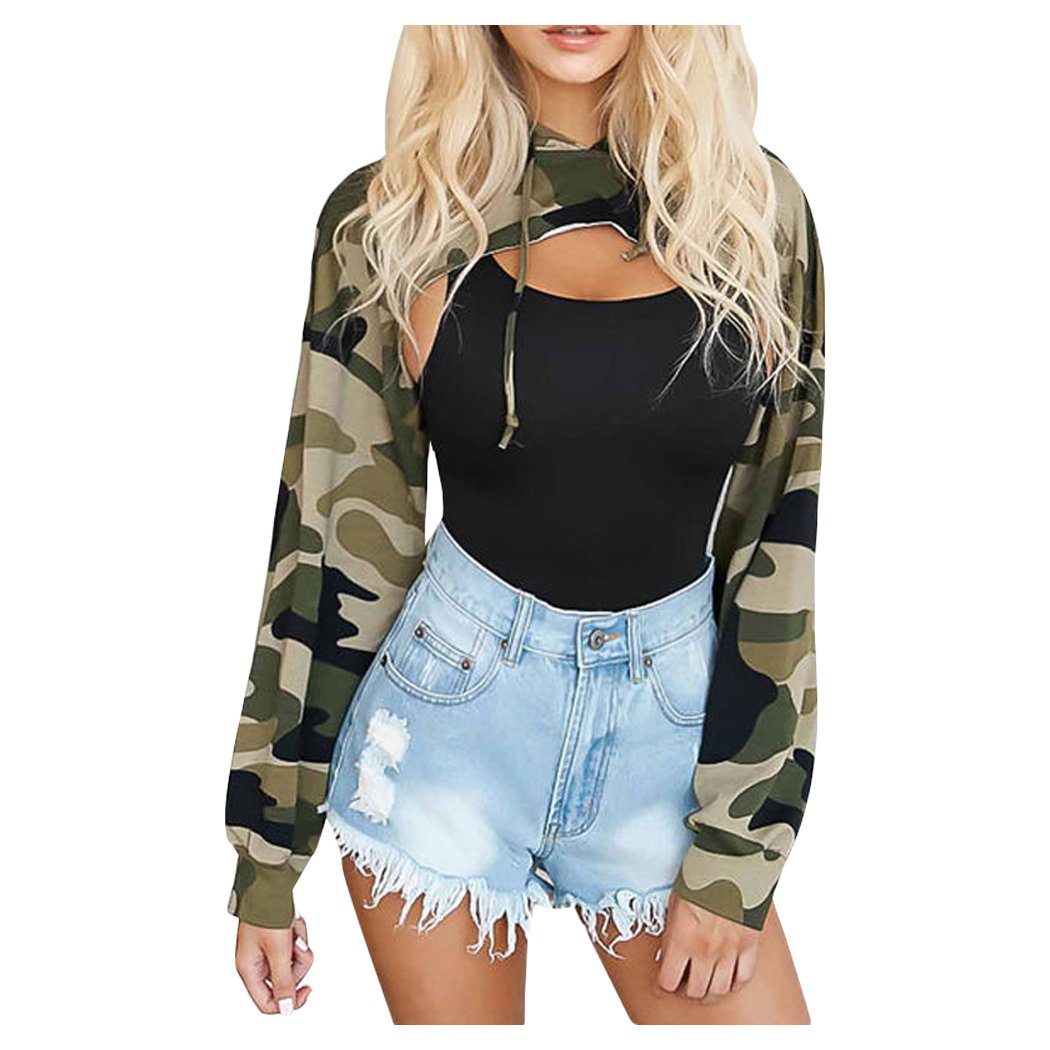 Solid Printed Hoodie Women Crop Top Cut Off Front Sweatshirts Fashion Street Pullover