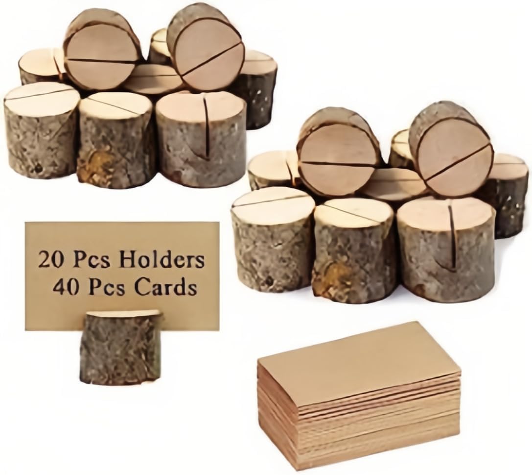 Coolchic Place Card Holders , 20 Pcs Place Rustic Wooden Card Holders with 40 Pcs Kraft Paper Cards, Food Markers Table Number Photo Holder Card for Wedding Dinner Party