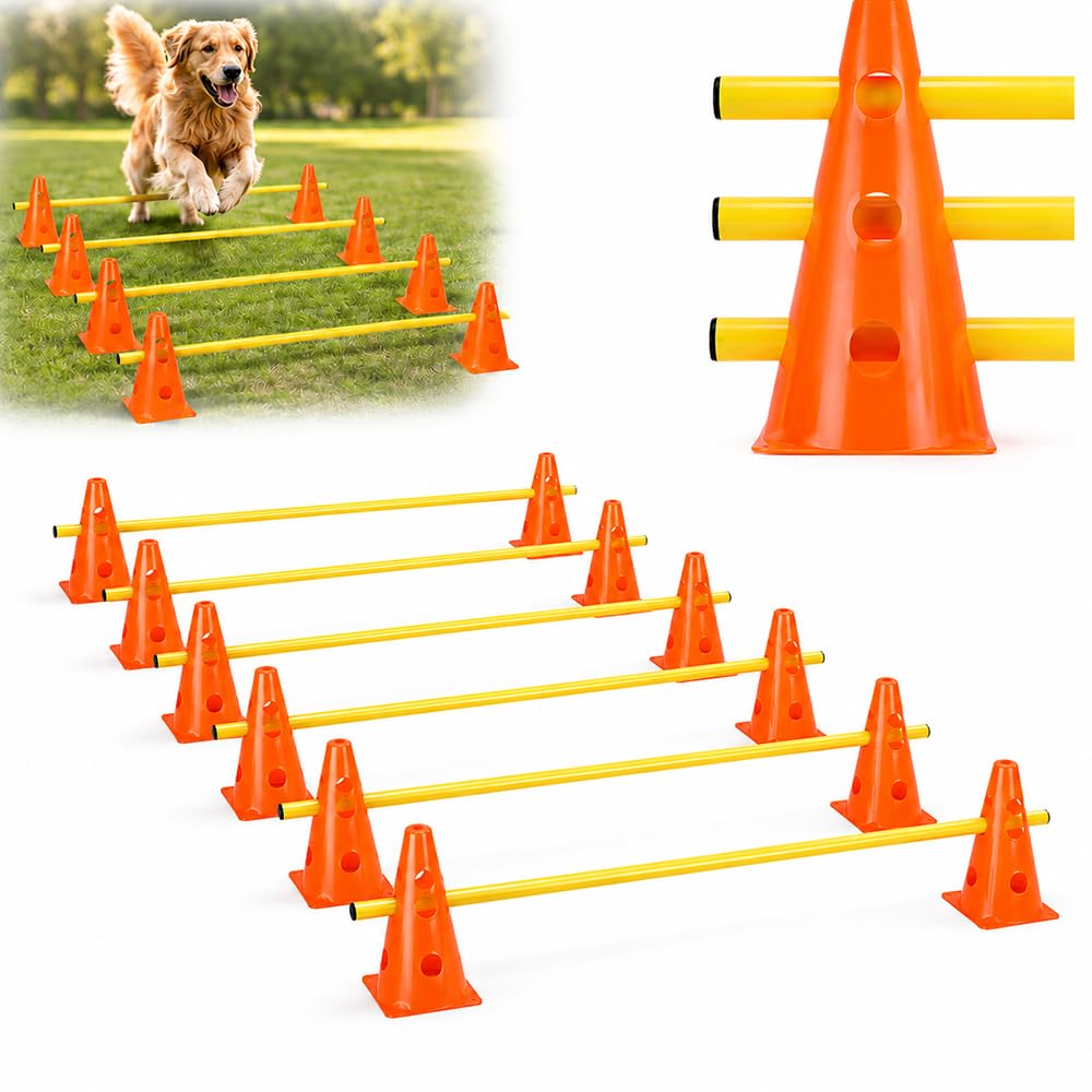 Steckhürdenset, Agility Set Hunde mit 12 Kegel(23cm) + 6 Stangen(1 m), Cavaletti Hund für Koordinationstraining, Pylonen Hundetraining, Einstellbare Trainingshürden für Hunde Teamsport Fussball