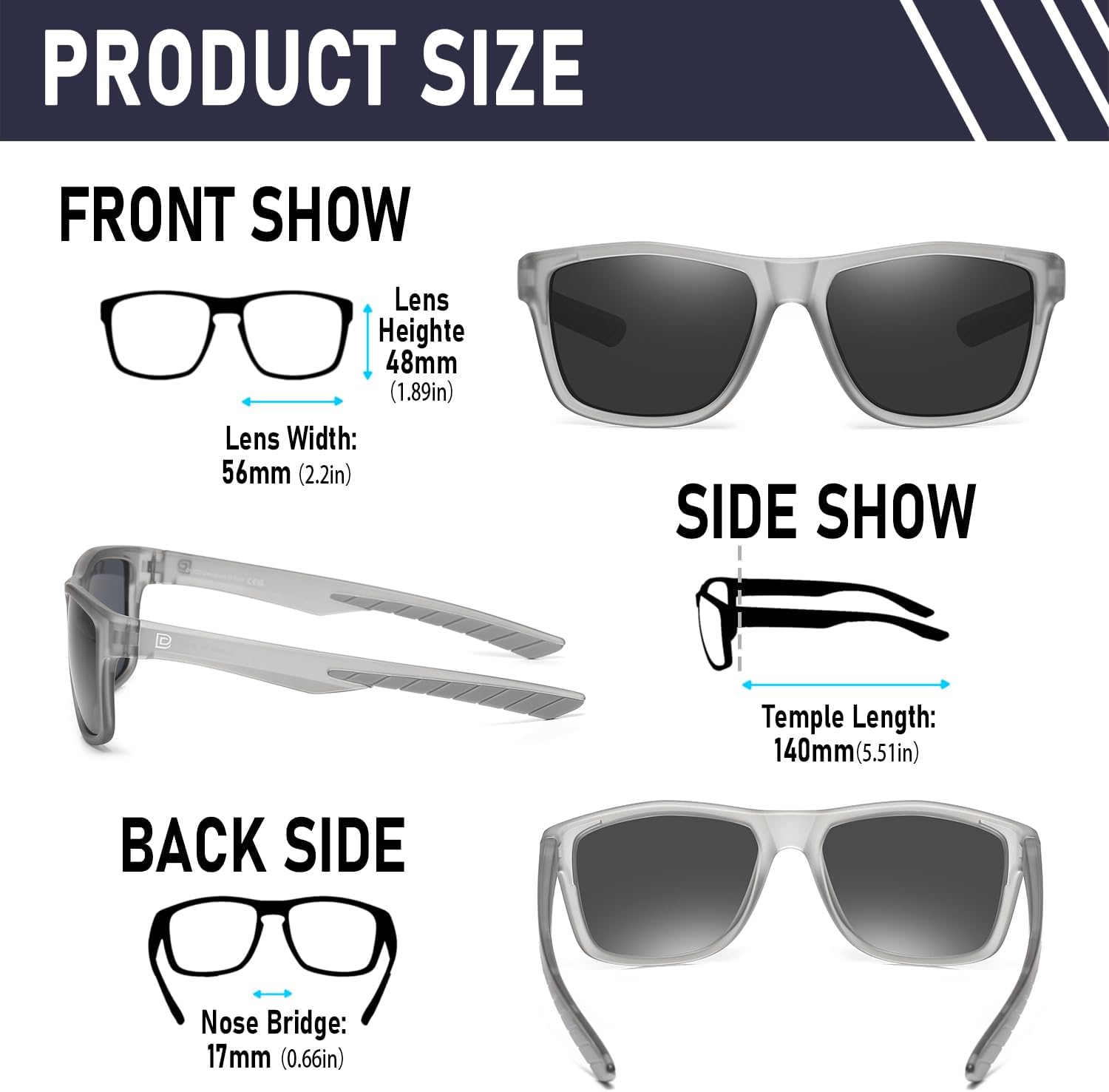 DUCO Polarized Sunglasses for Men Retro Square Shades with UV400 Protection Lightweight for Driving & Running DC6308 (C4 Transparent Gray Frame Gray Lens)